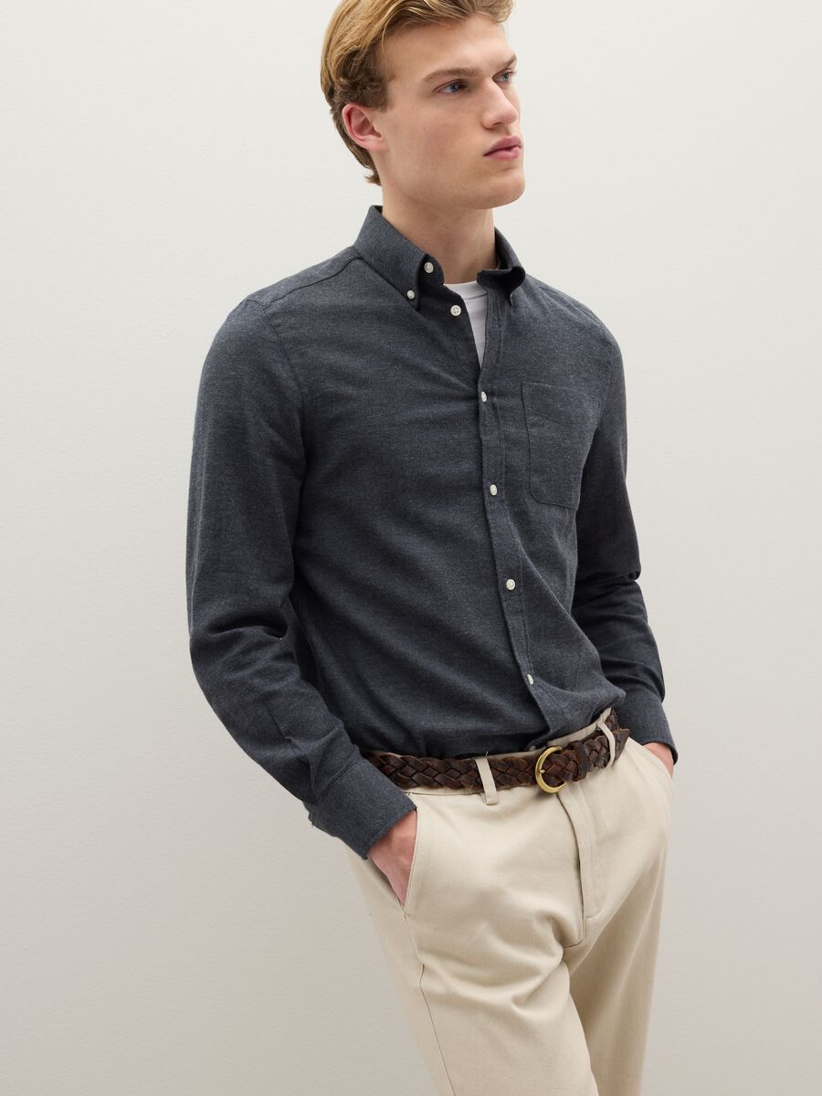 Camicia grigia a maniche lunghe in puro cotone flanella regular fit_0