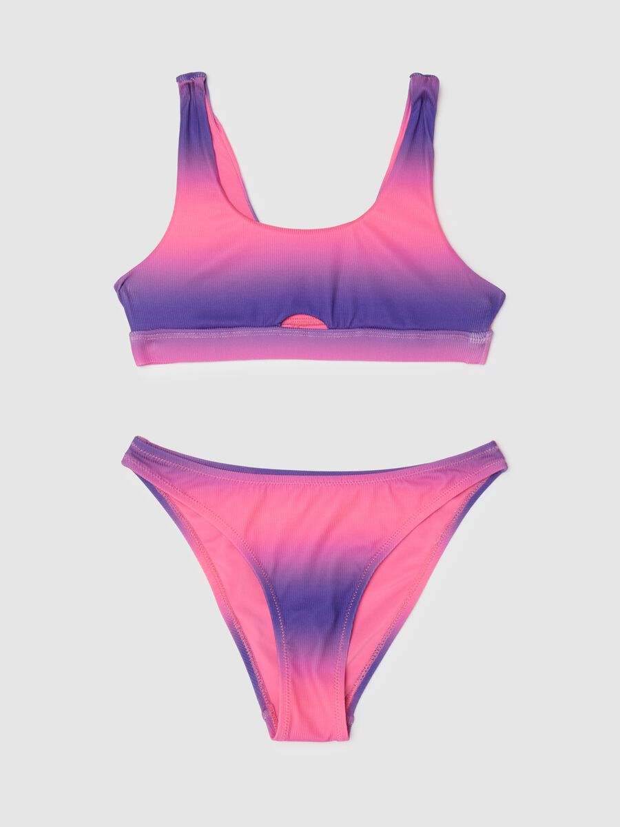 Bikini da ragazze in tessuto elasticizzato multicolor a doppia tonalità rosa e viola con slip a vita alta_0