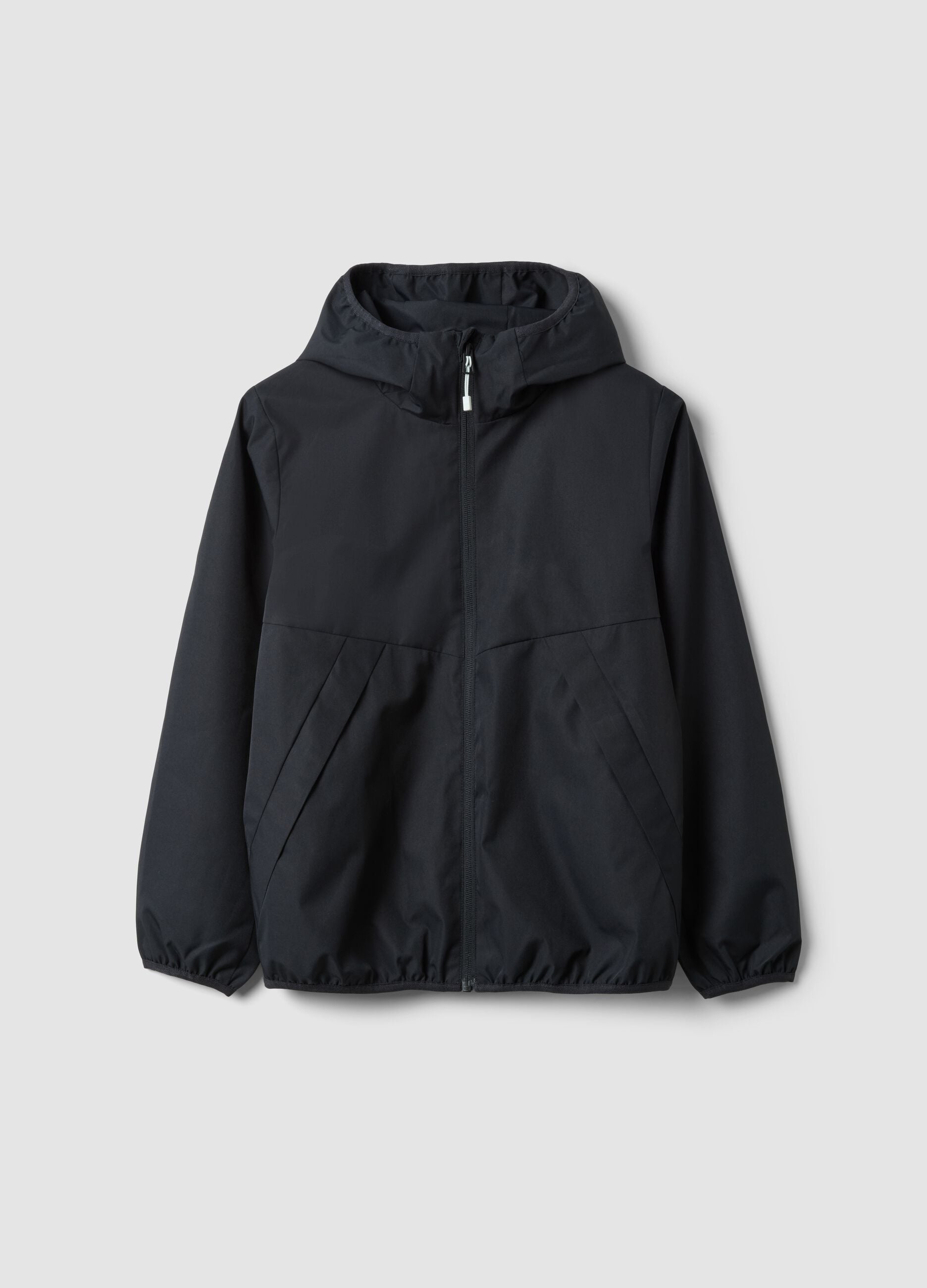 Black oversized rain jacket with hood and zip for boys