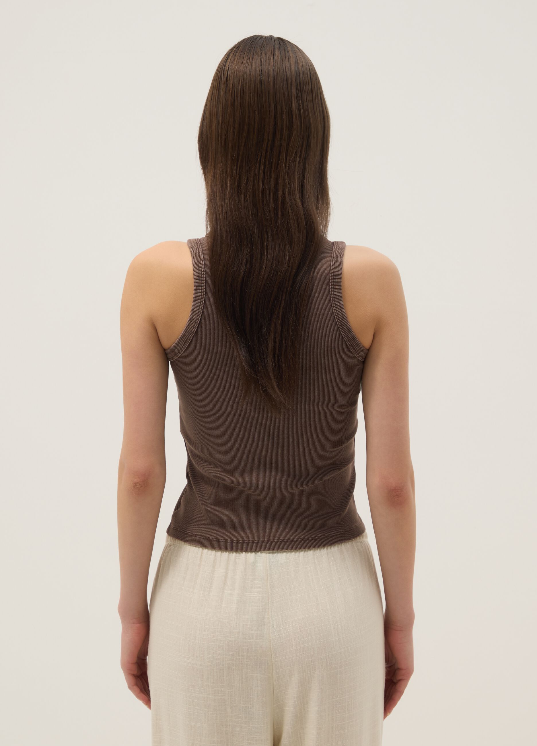 Brown ribbed stretch cotton fitted tank top