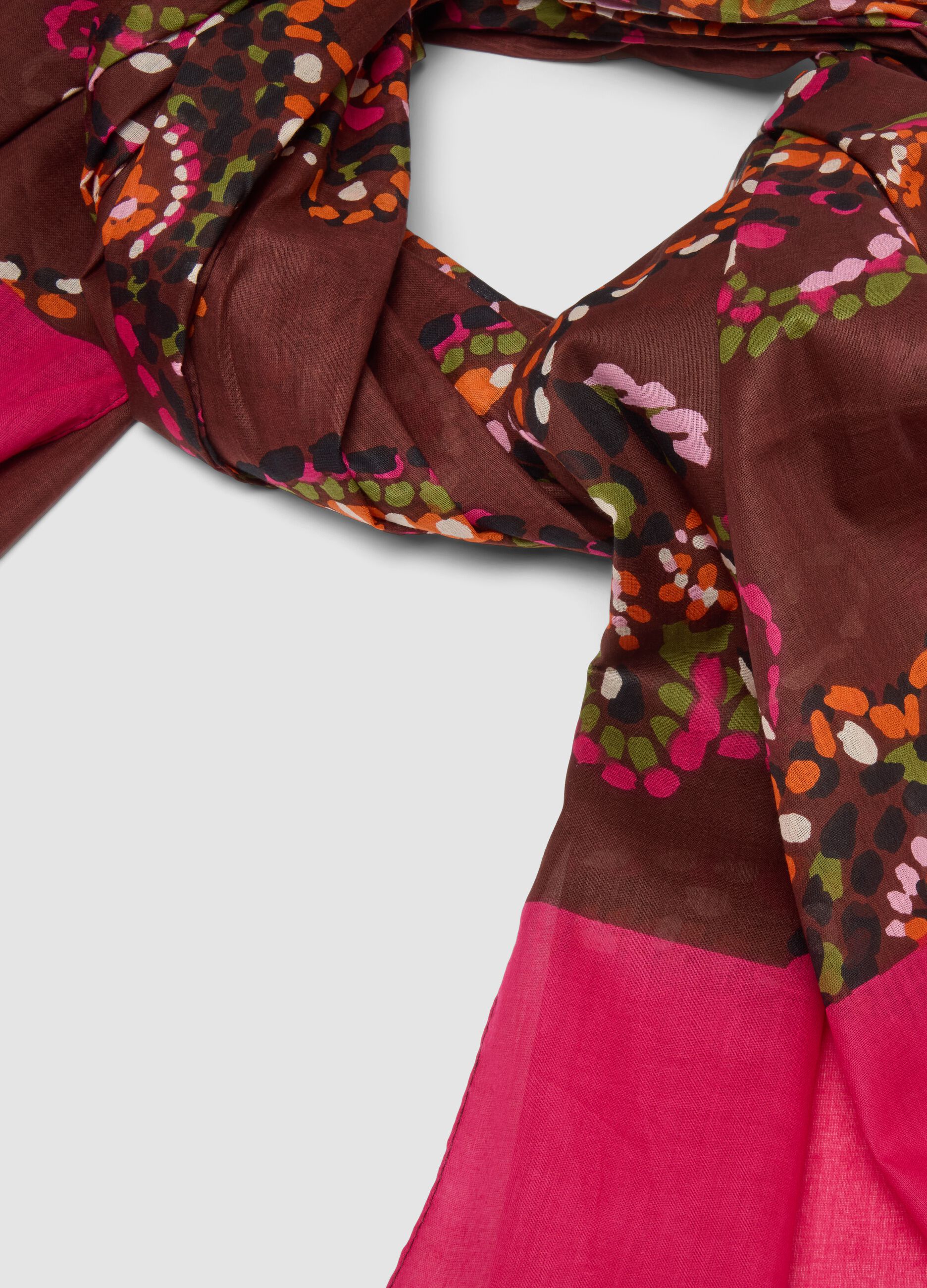 Brown and pink pure cotton floral print scarf