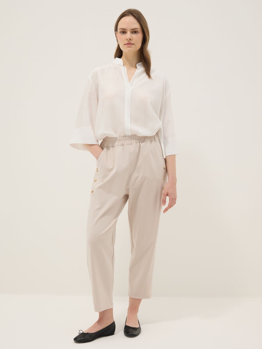 Beige regular-fit stretch cotton trousers with elasticated waist_1