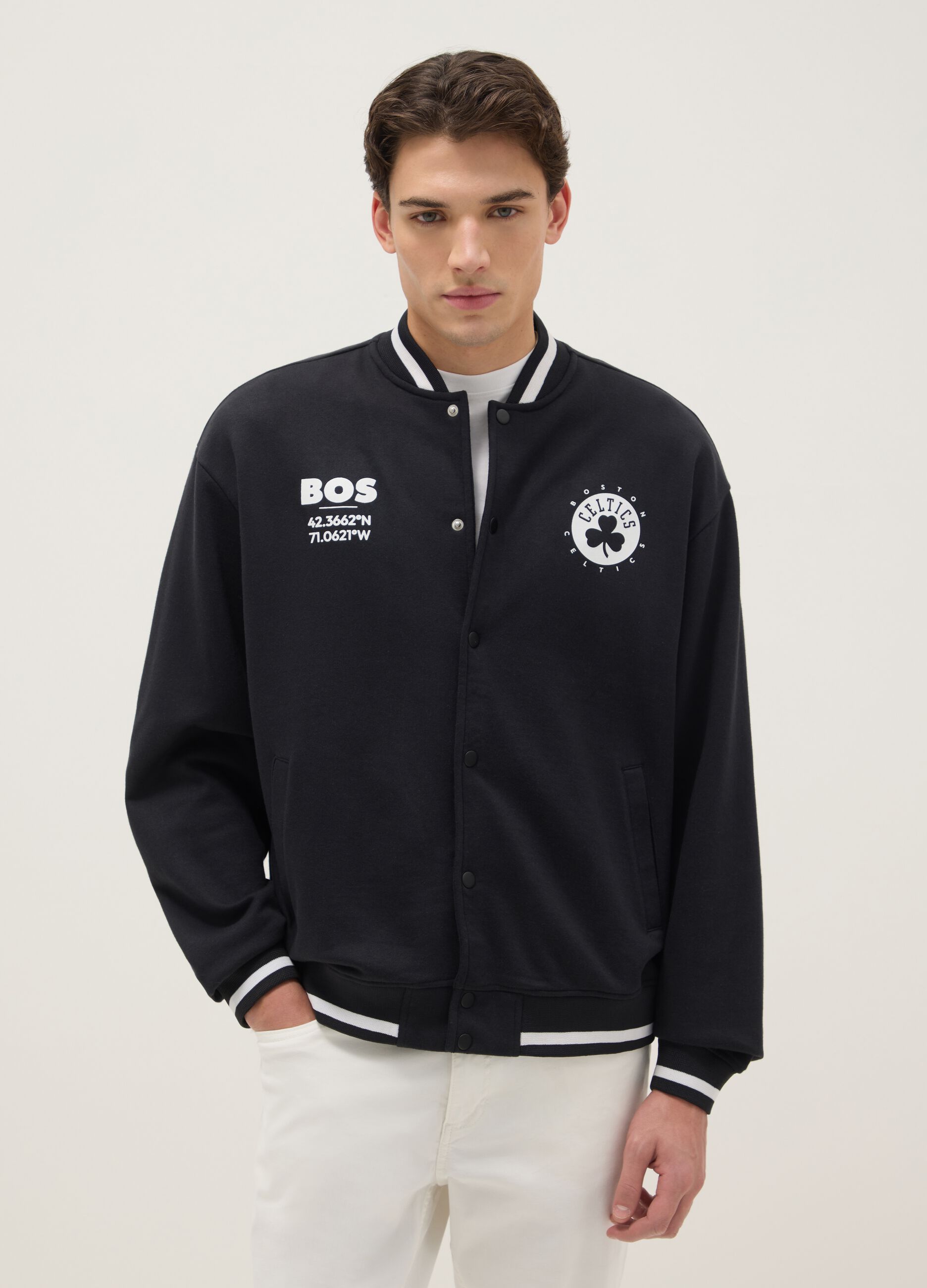 Black cotton blend jacket regular fit with Boston Celtics logo