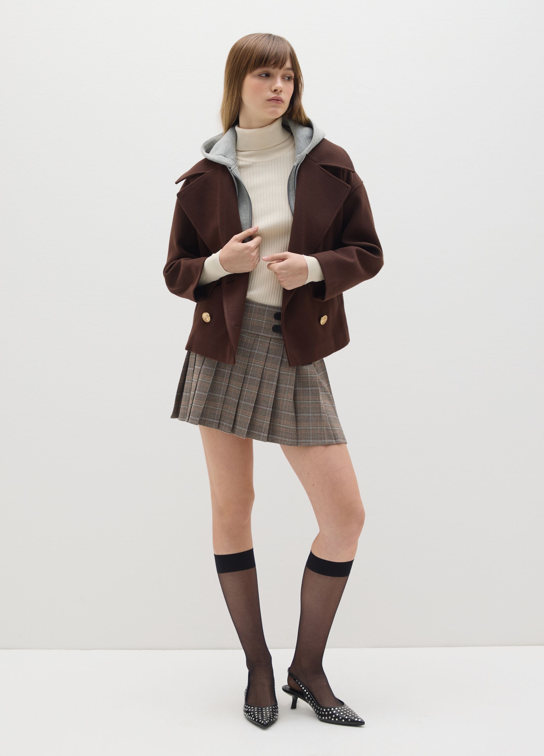 Brown hooded coat with oversized fit