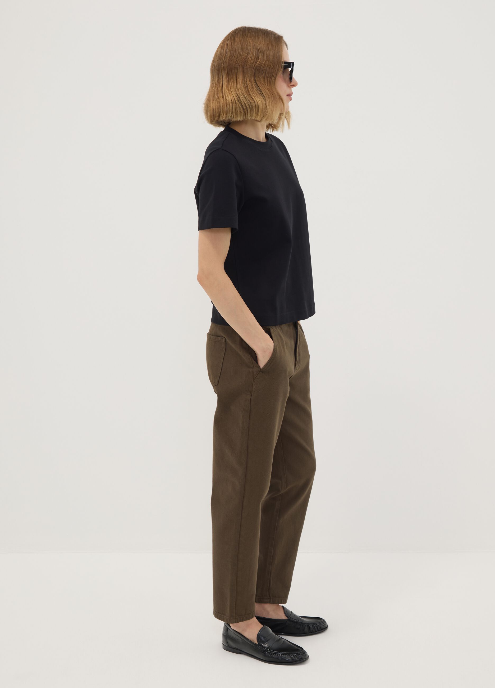 Brown denim baggy-fit jeans in pure cotton with paperbag waist