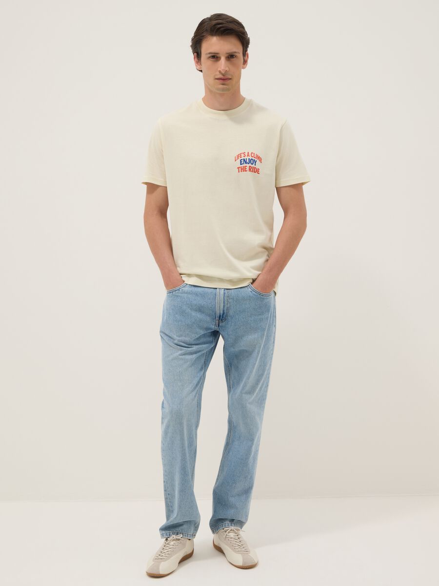 Beige pure cotton jersey T-shirt with slogan, regular fit_1