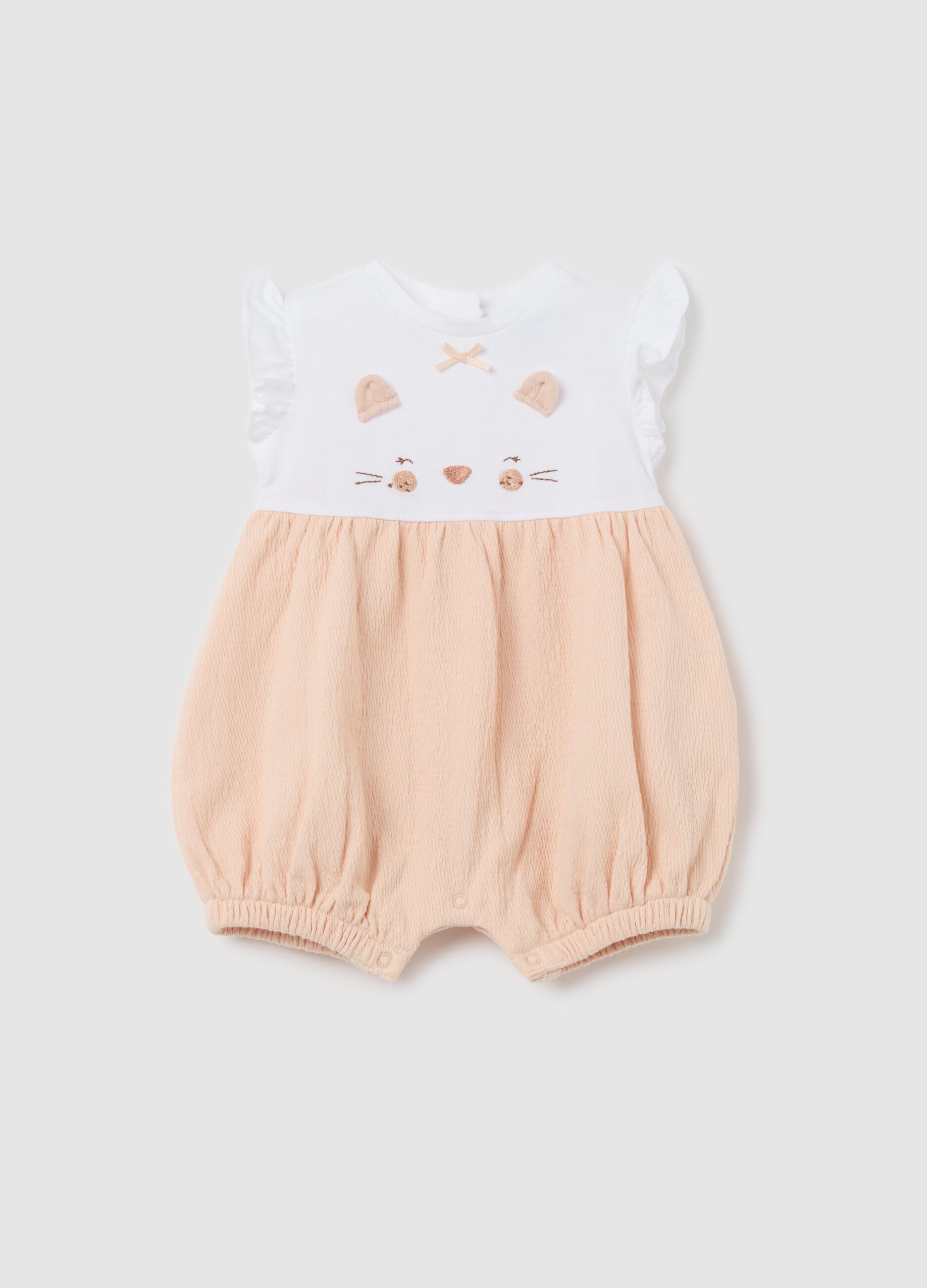 White and orange romper suit with kitten embroidery