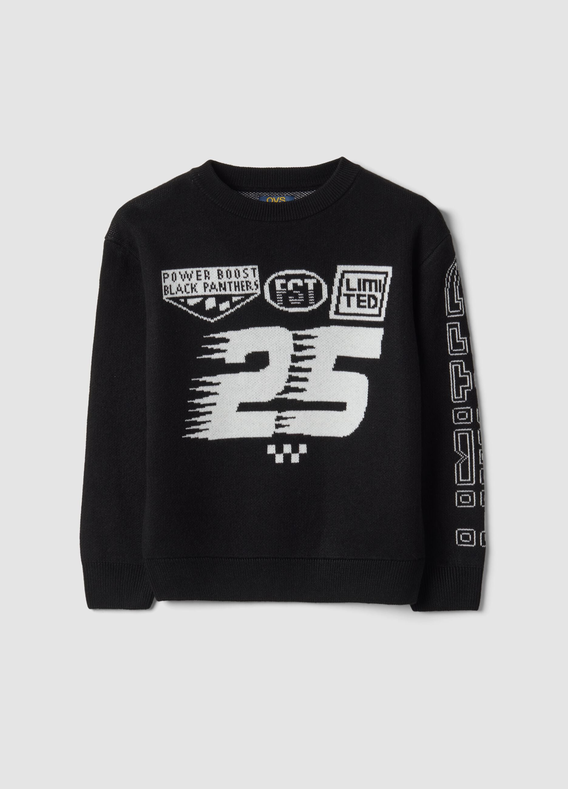 Black crew-neck jumper with jacquard print