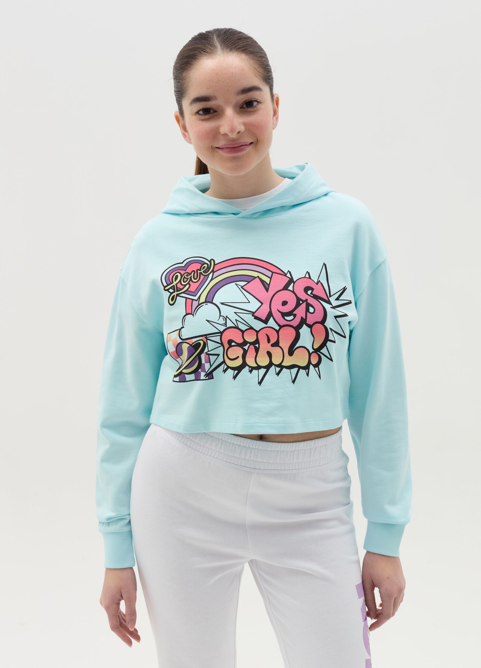 Crop sweatshirt with hood and print