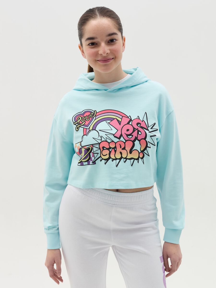 Crop sweatshirt with hood and print_0