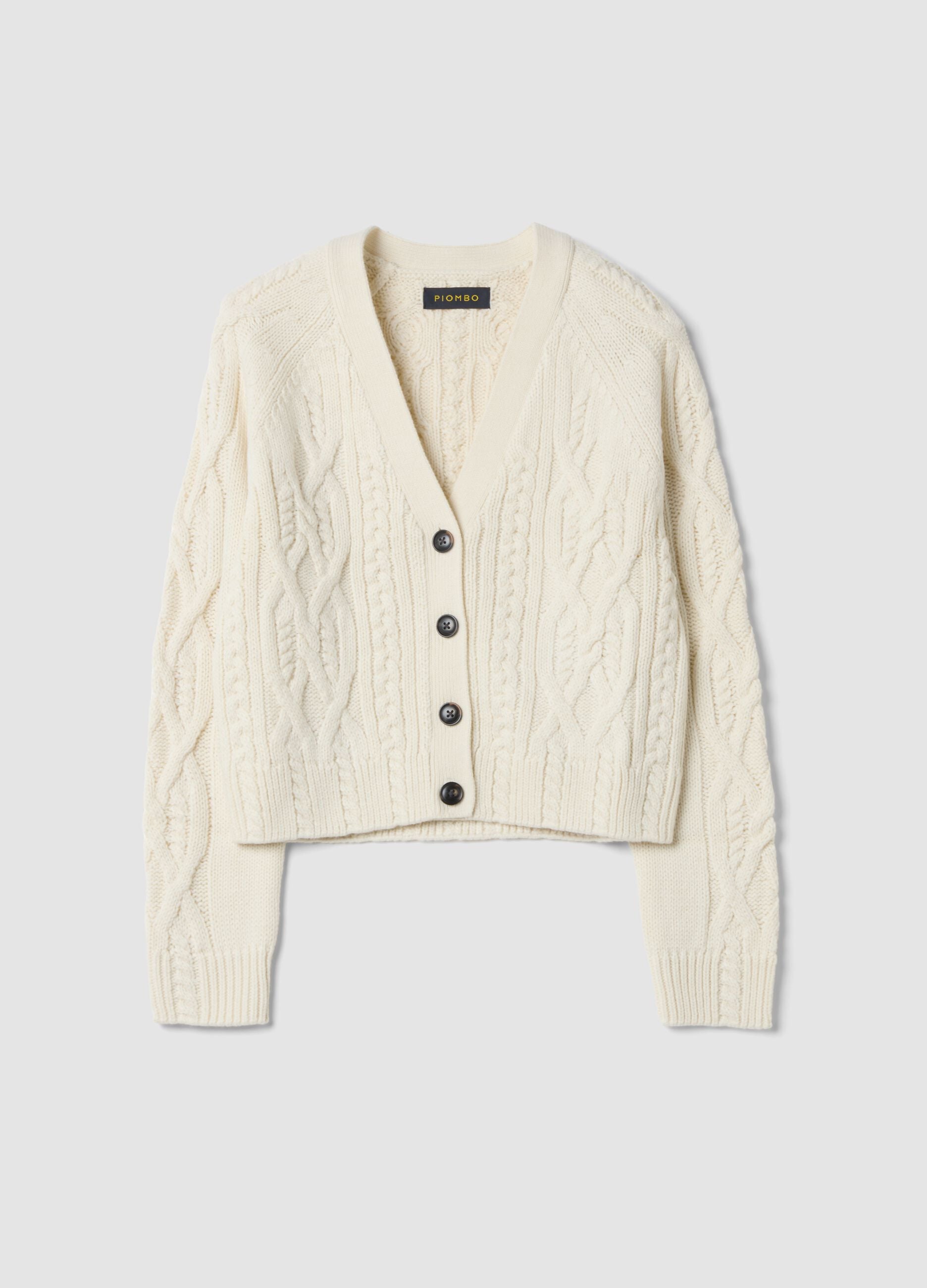 White wool-blend cardigan with deep V-neck, regular fit