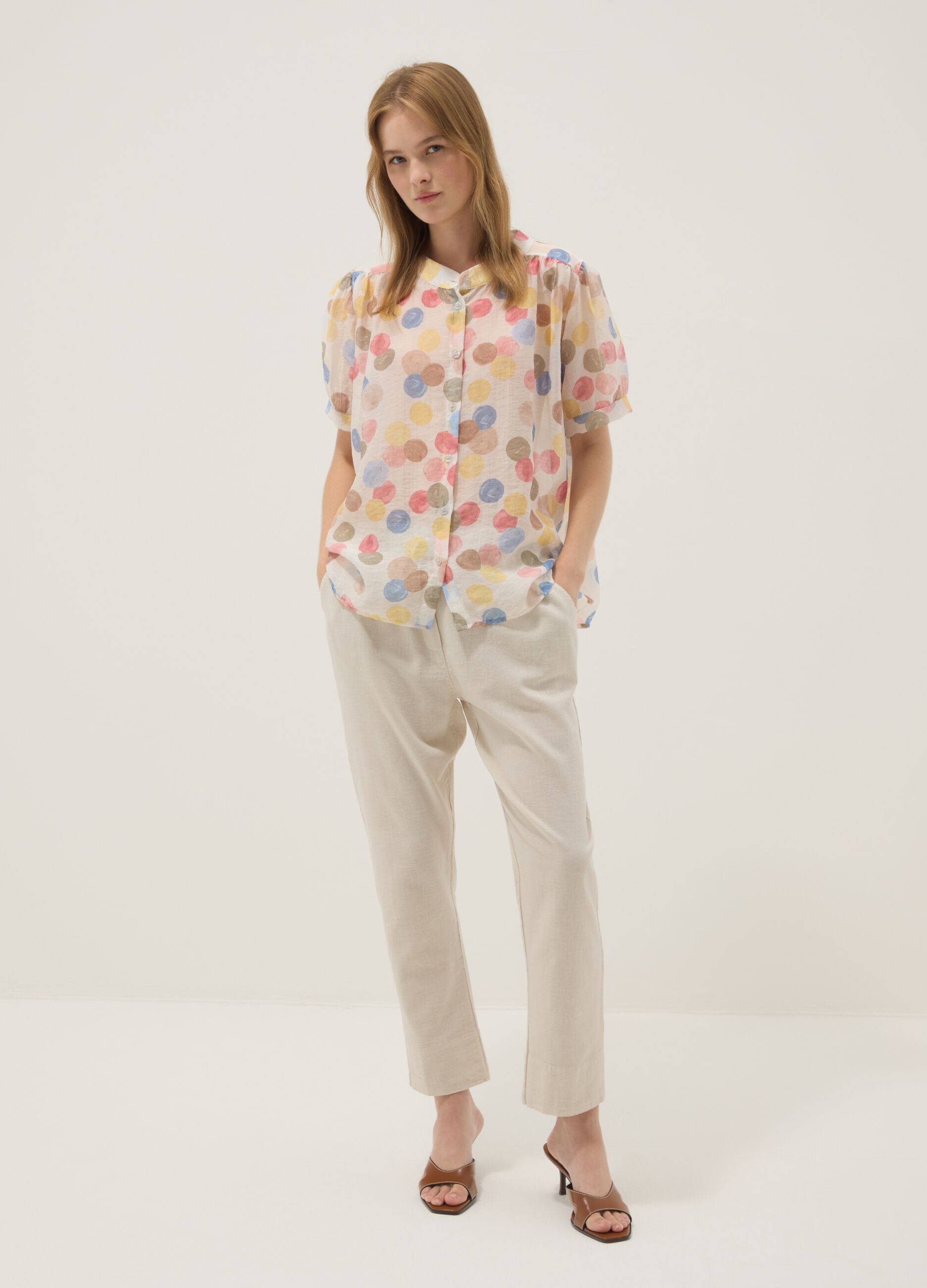 Multicolour lyocell-blend blouse with short sleeves