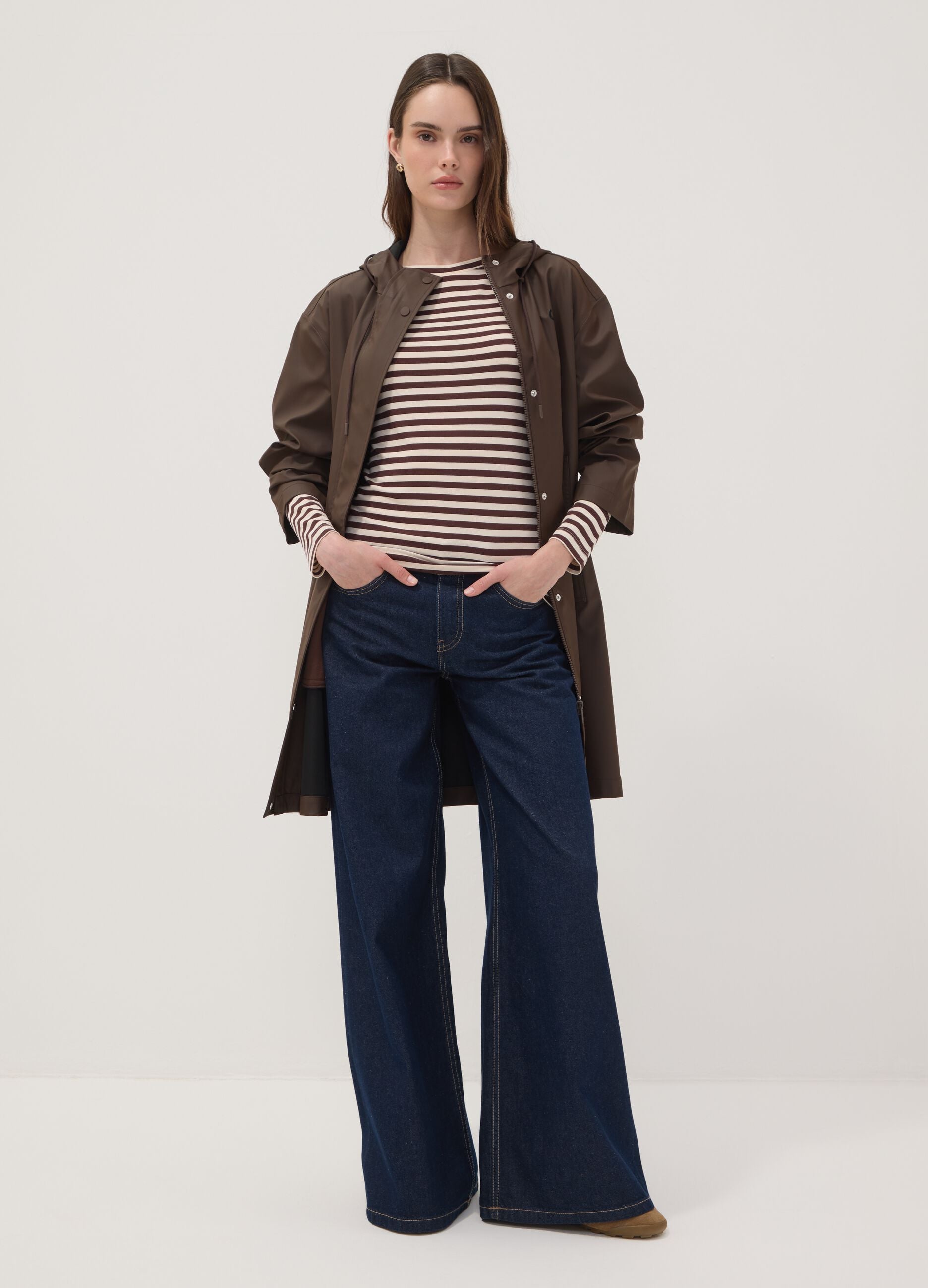 Long brown hooded zip-up jacket