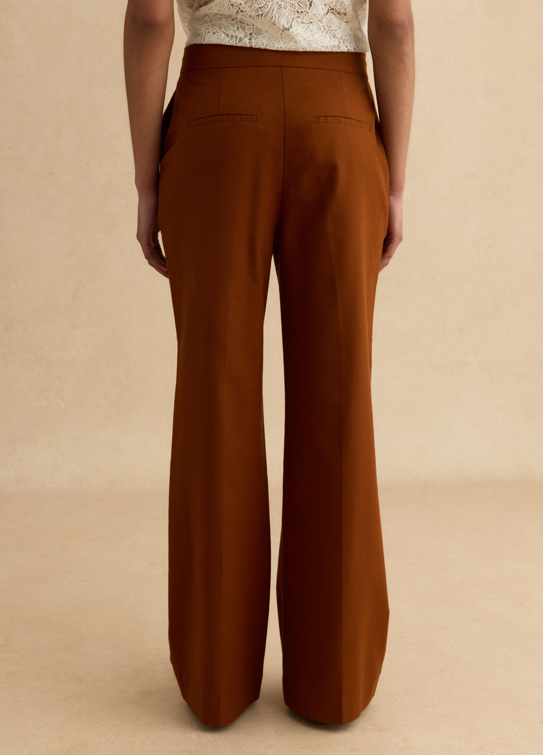 Brown wide leg trousers in stretch cotton and linen blend