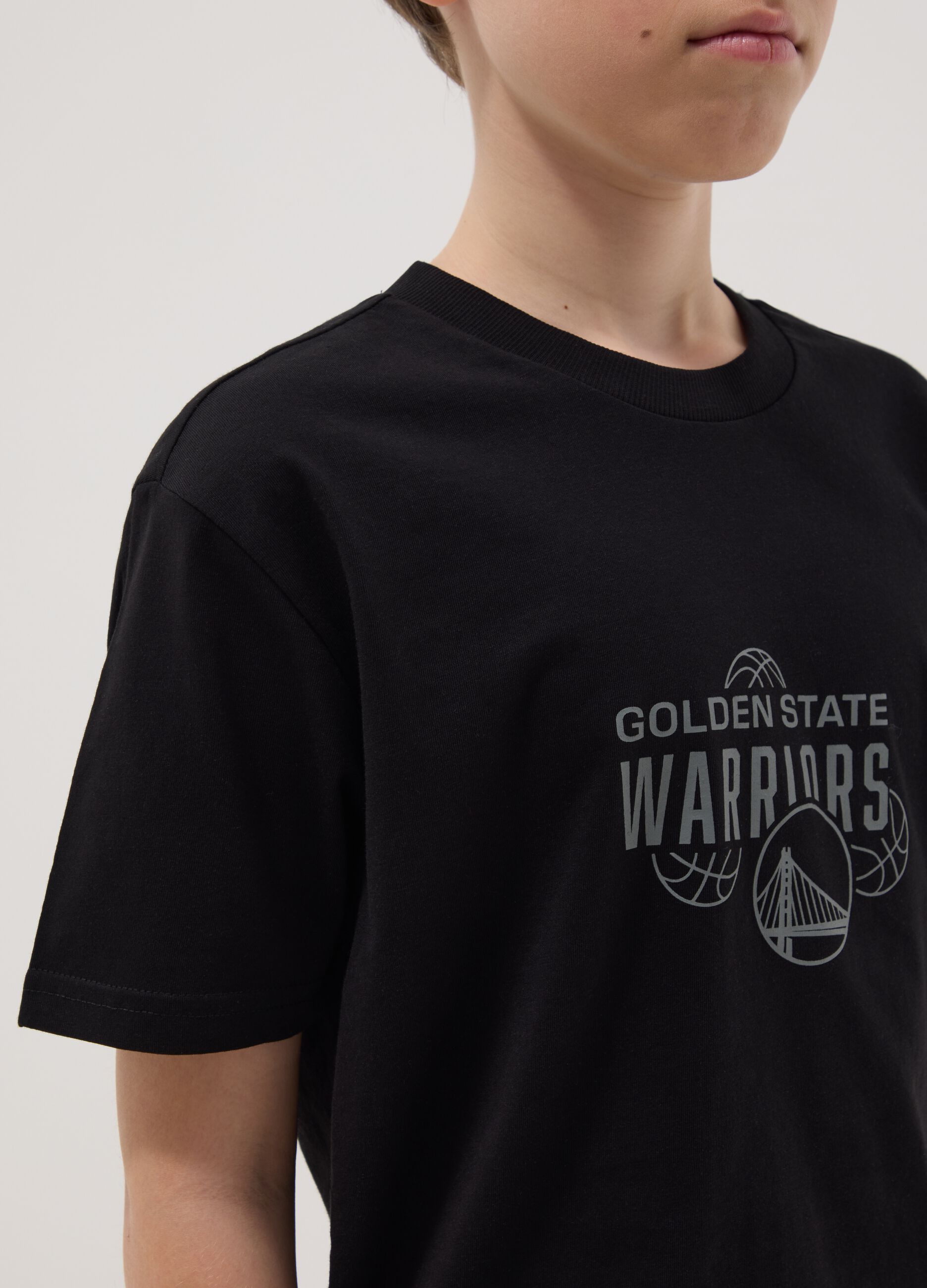 Boys' pure black cotton T-shirt with relaxed fit Warriors
