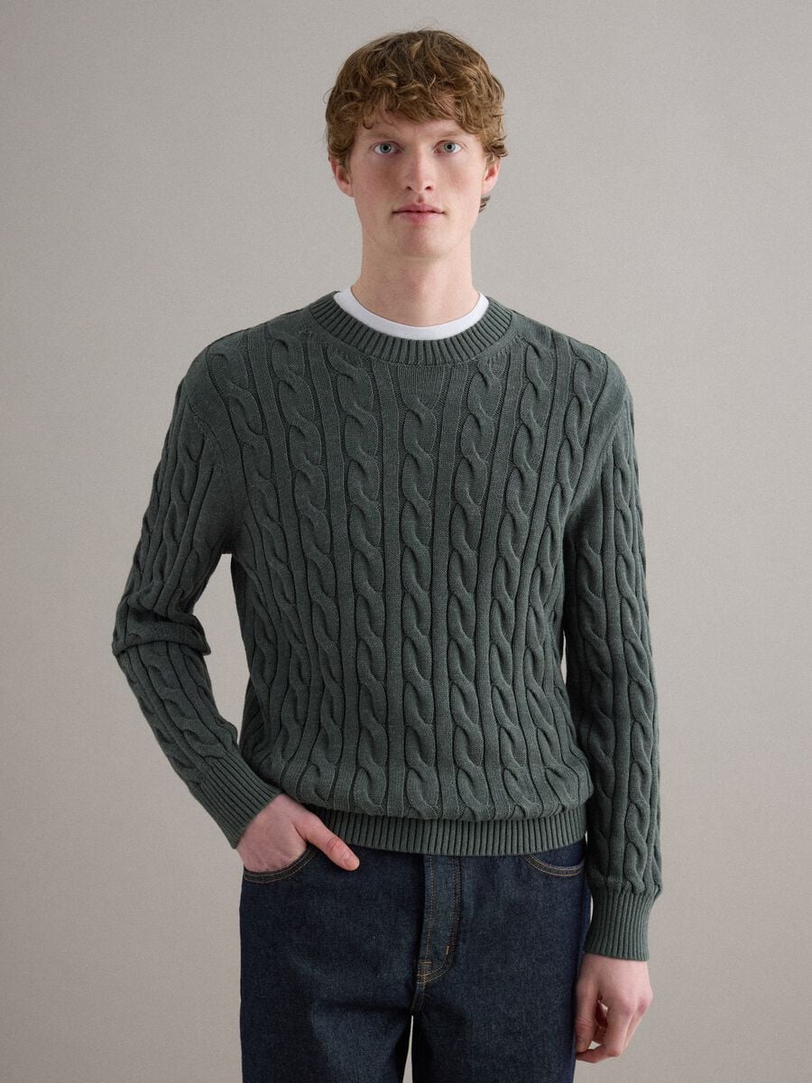 Maglione in puro cotone verde regular fit con design intrecciato_1