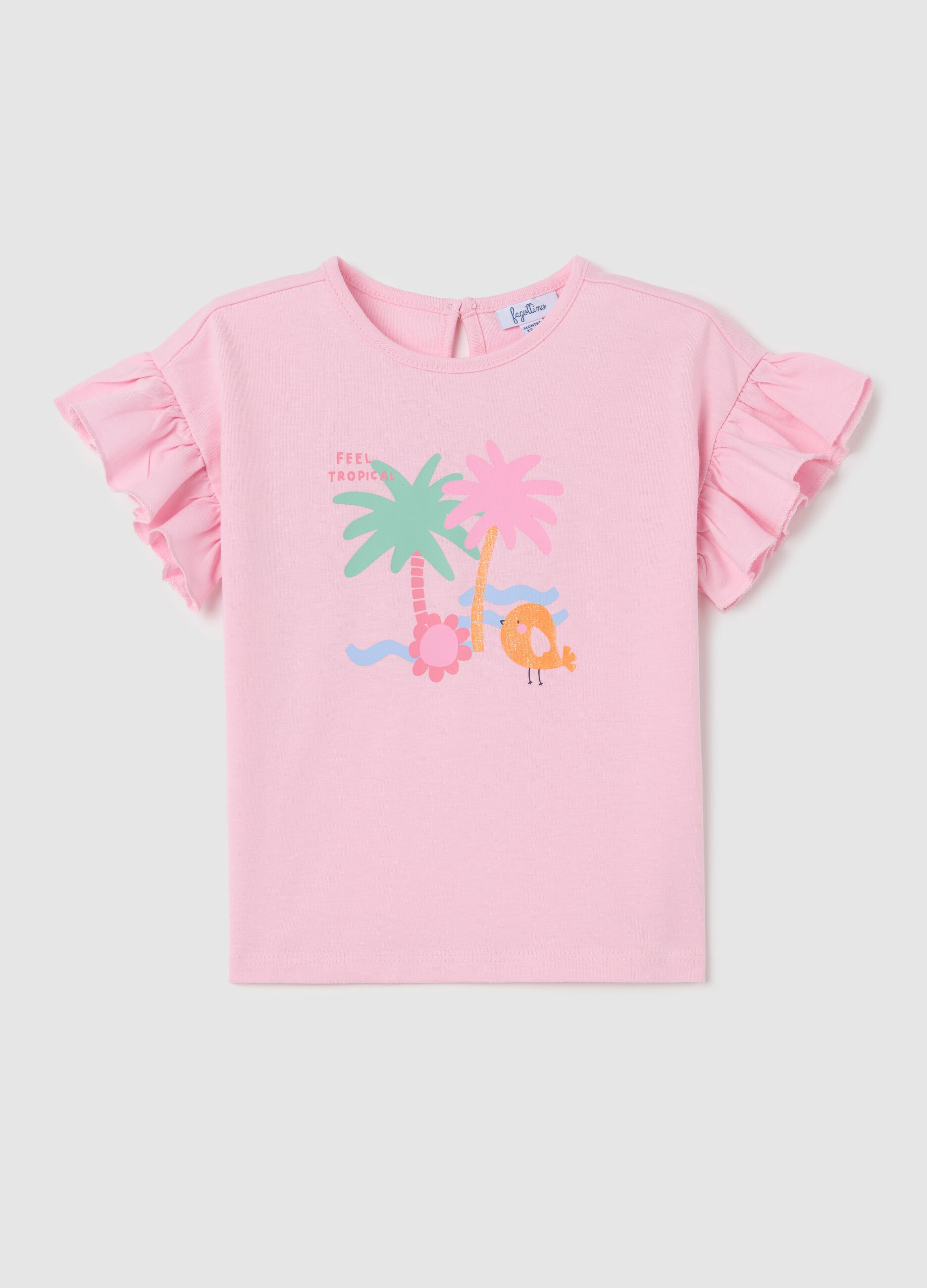Pink cotton T-shirt with frills and print