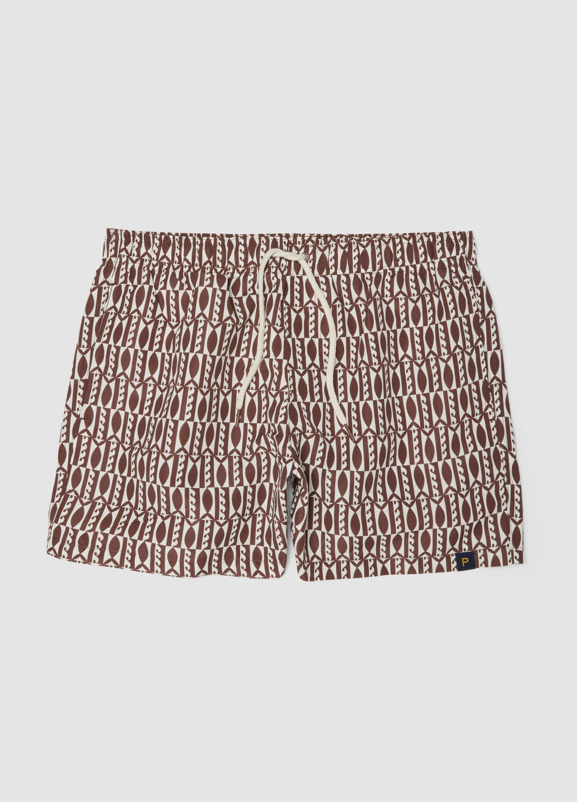 Brown geometric-print swim shorts