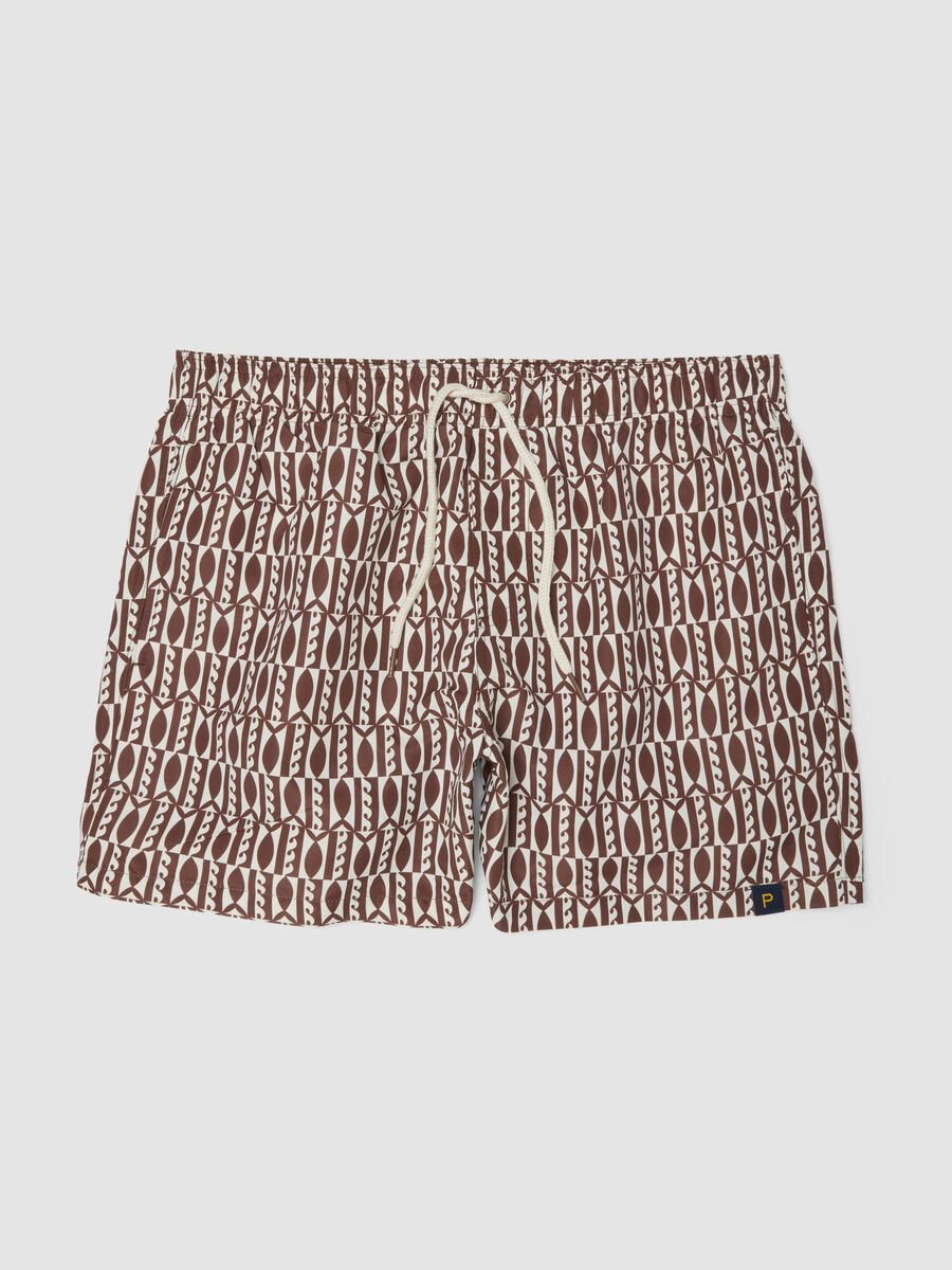 Brown geometric-print swim shorts_0