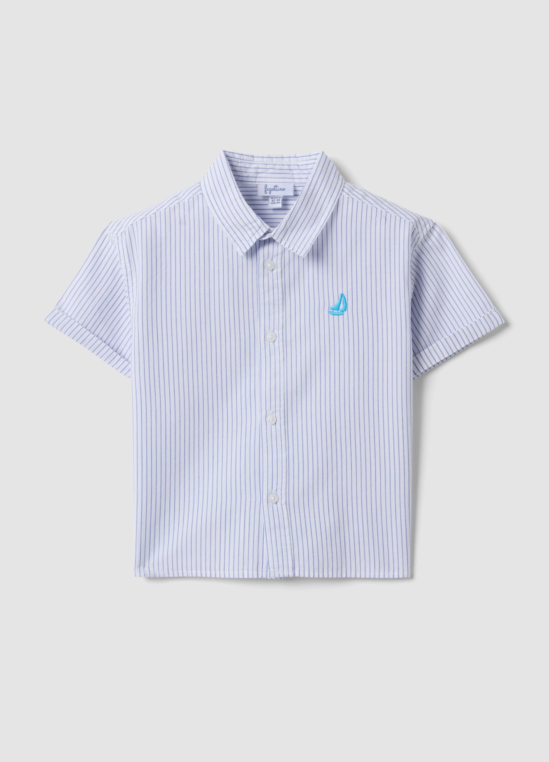 Blue striped pure cotton shirt with embroidered detail for boys, regular fit