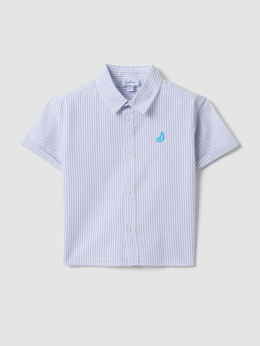 Blue striped pure cotton shirt with embroidered detail for boys, regular fit_0