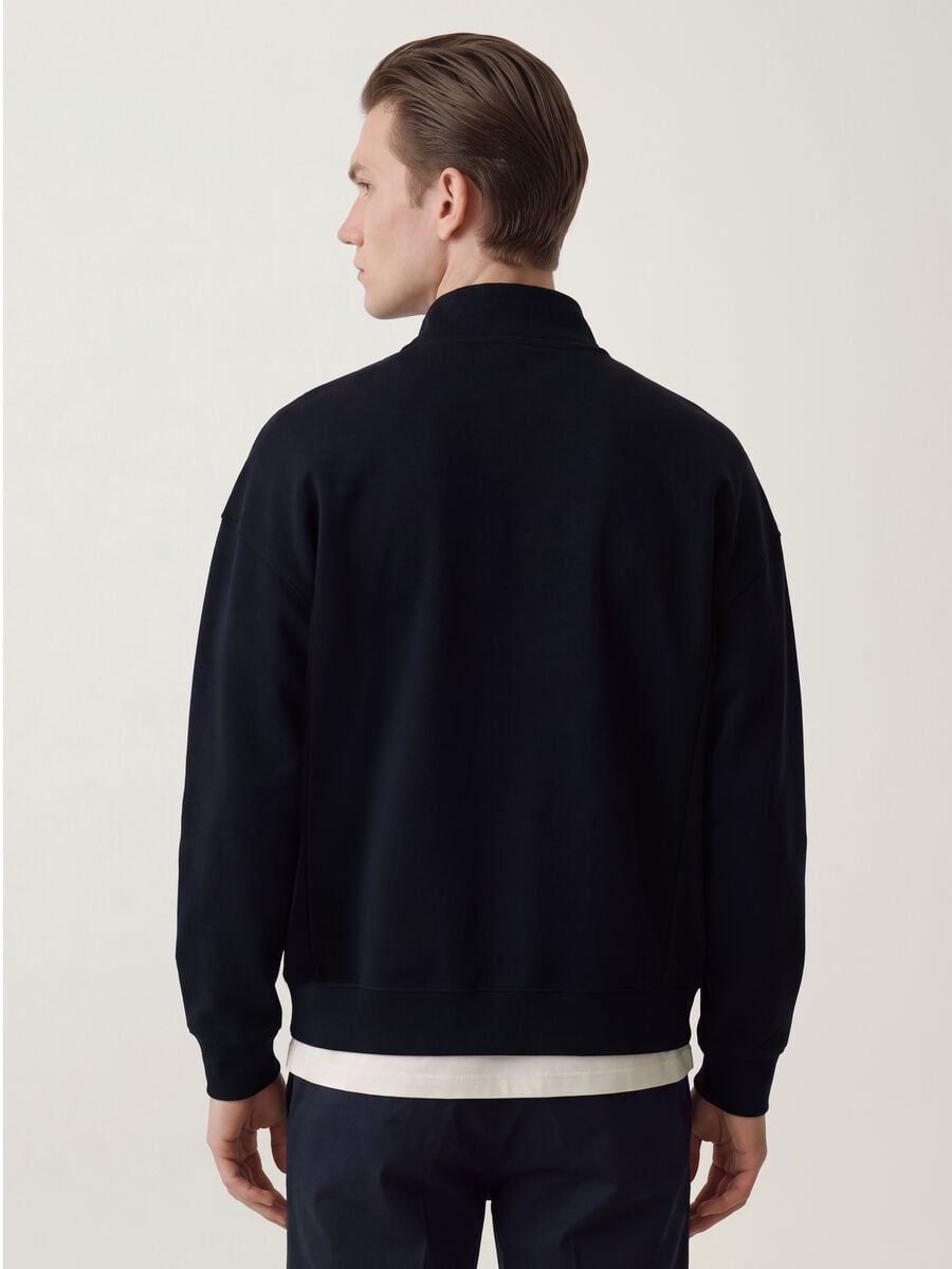 Navy full-zip sweatshirt in stretch piqu&eacute; with ribbed collar_3