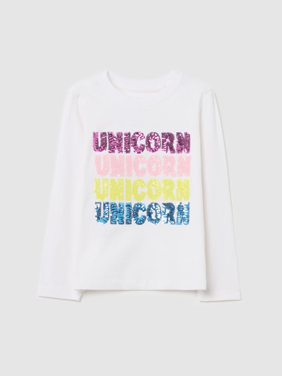 Long-sleeved T-shirt with sequinned "Unicorn" lettering_0
