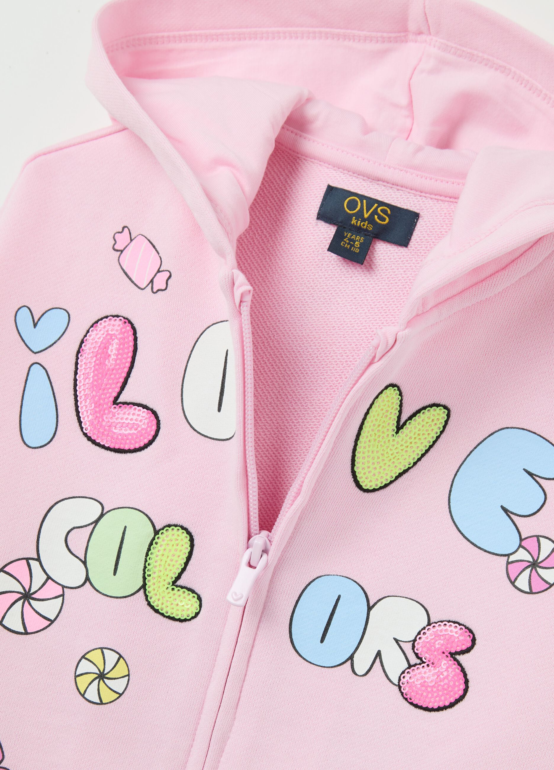 Full-zip rosa con cappuccio stampa e paillettes
