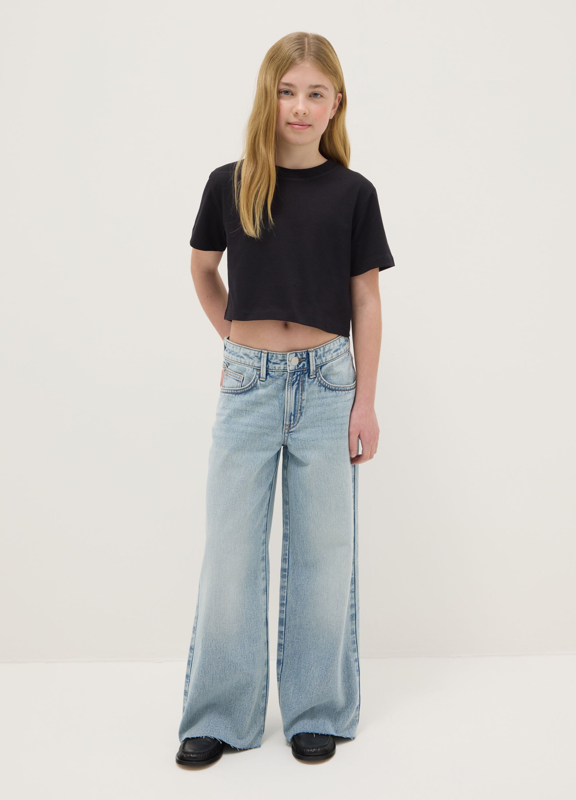 Girls' sky blue pure cotton wide leg jeans