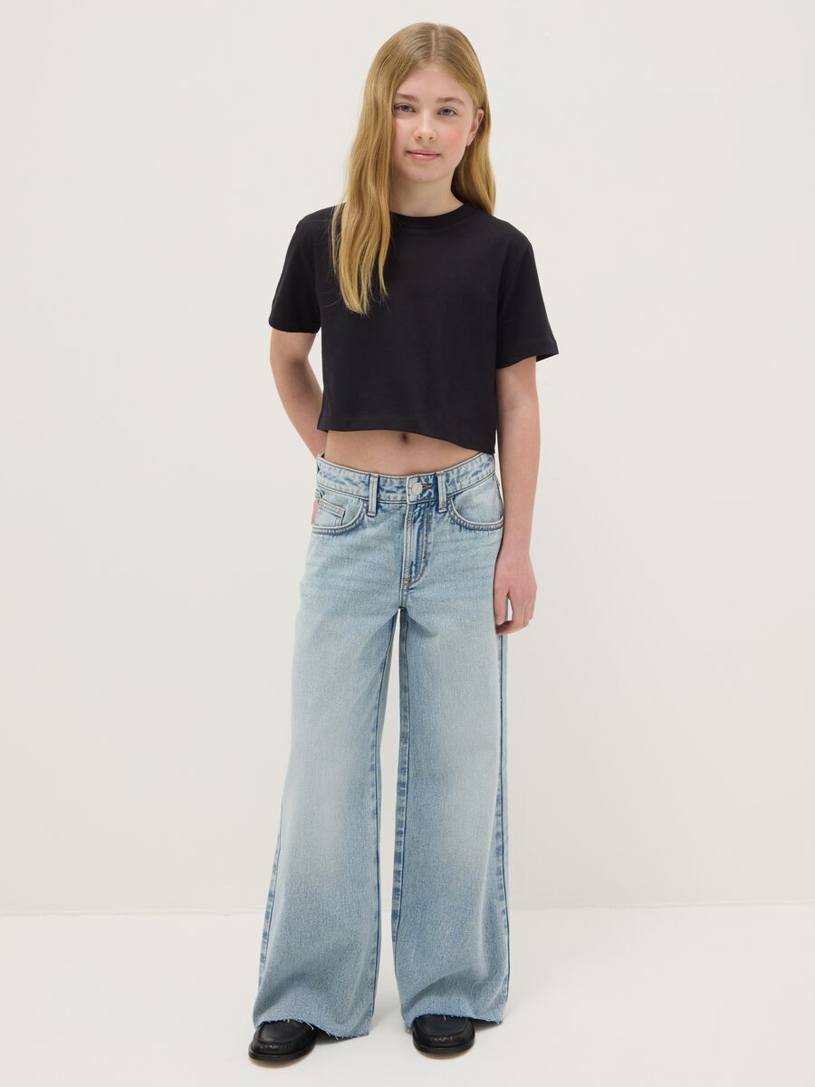 Girls' sky blue pure cotton wide leg jeans_0