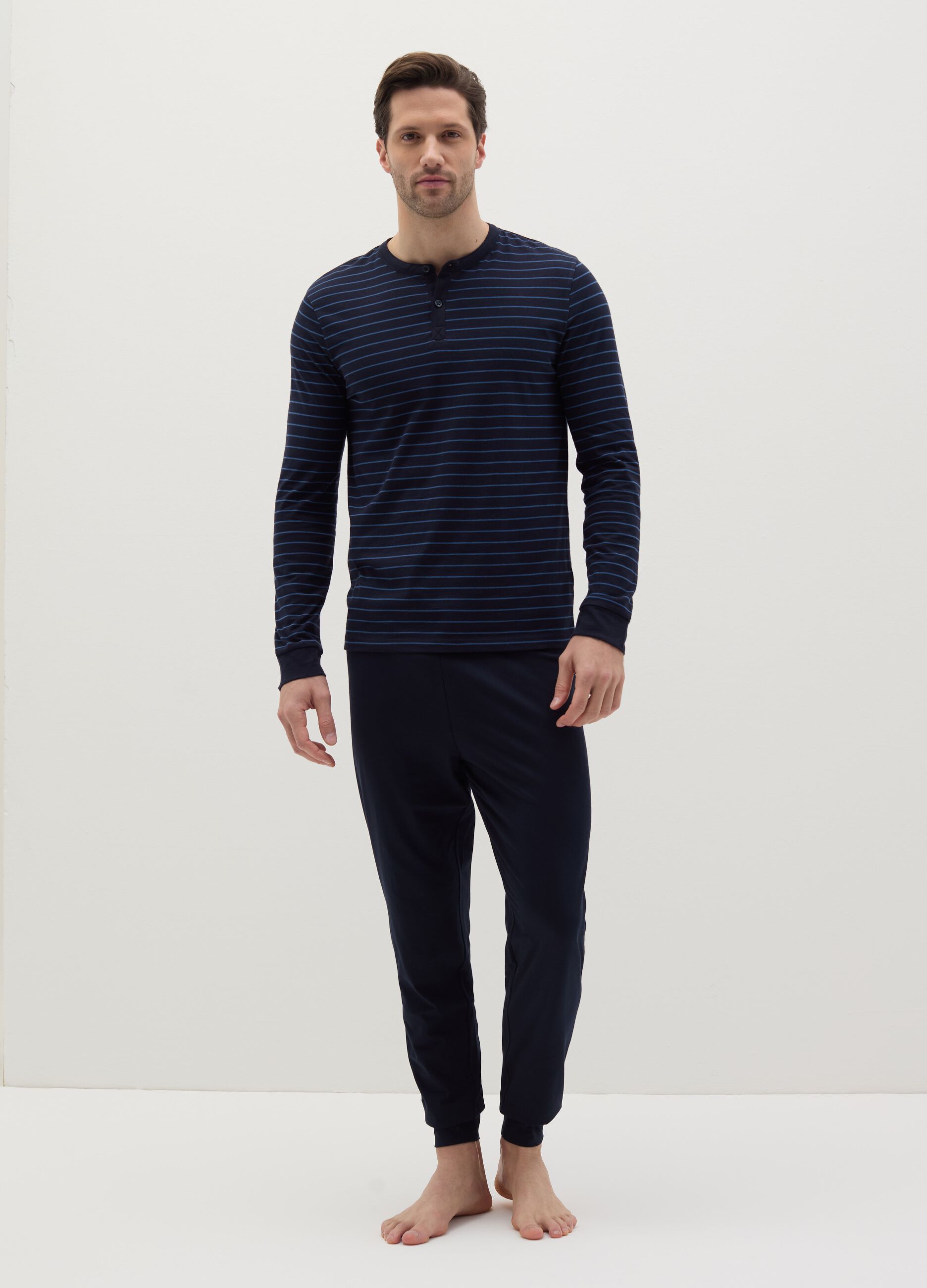 Striped pyjama top with granddad neckline