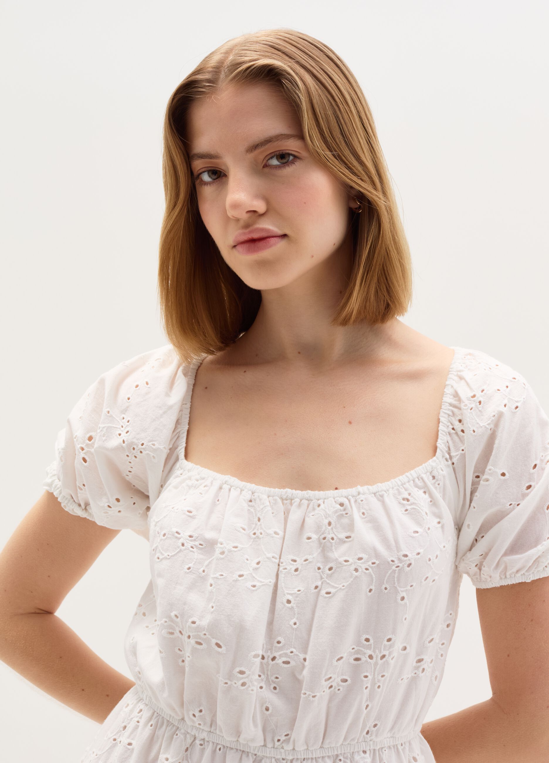 short tiered dress in broderie anglaise