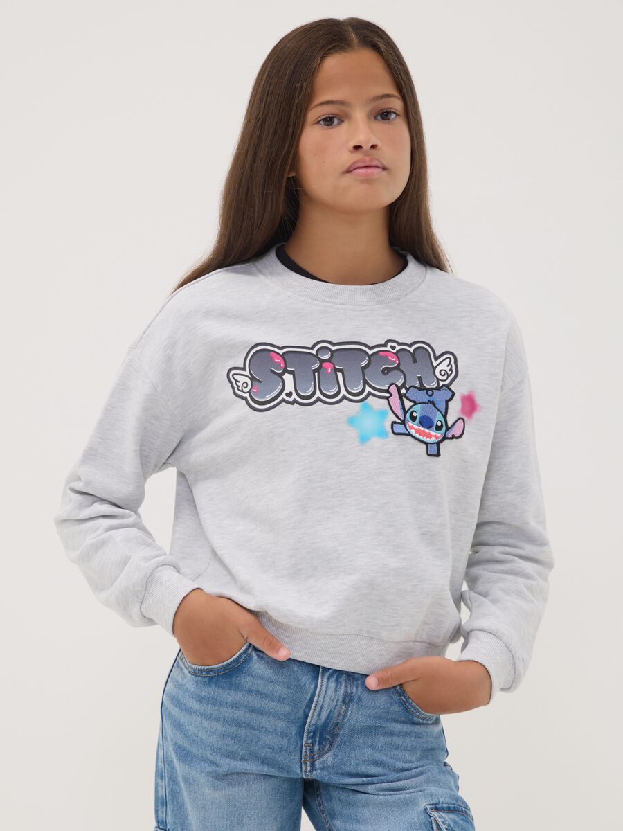 Felpa grigia in misto cotone con collo a costine e stampa Lilo & Stitch_1