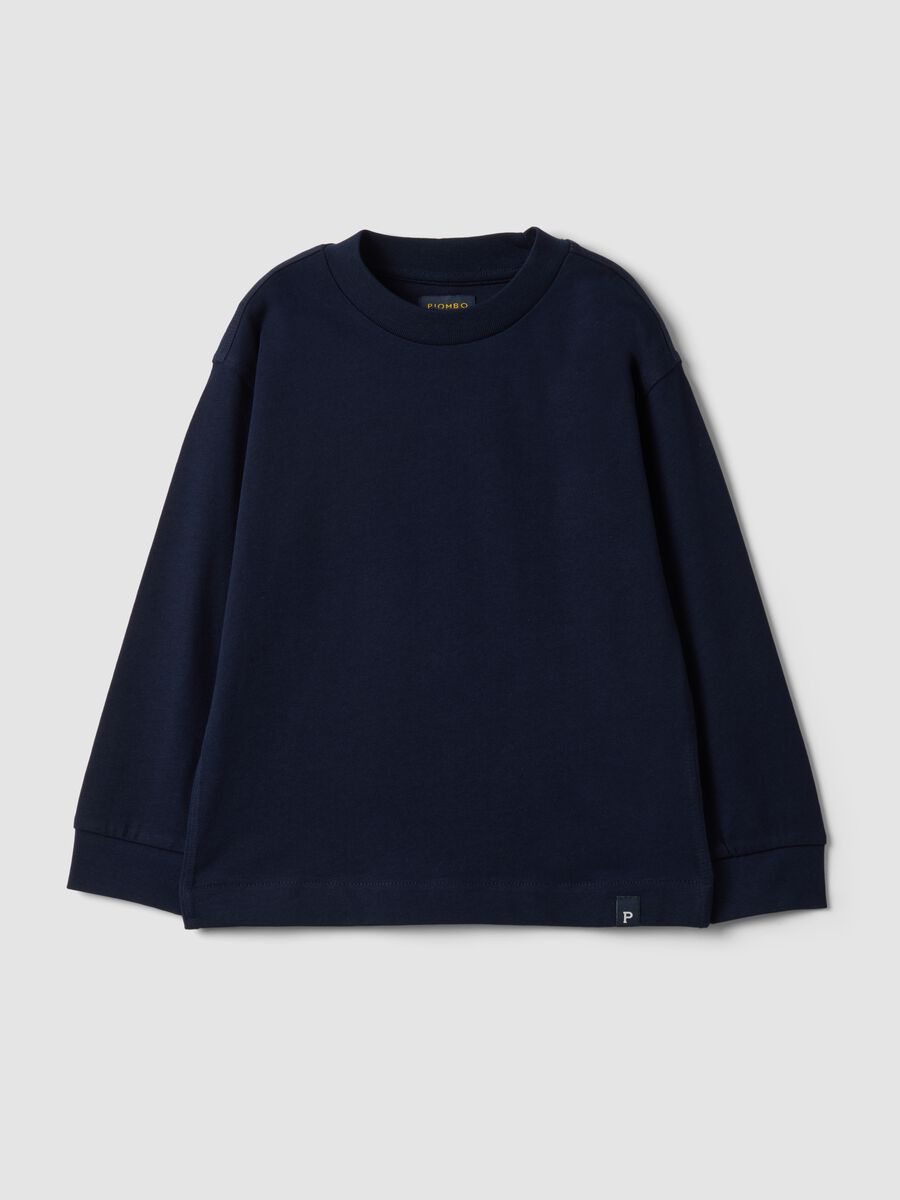 T-shirt blu in puro cotone girocollo a maniche lunghe per bambino_0
