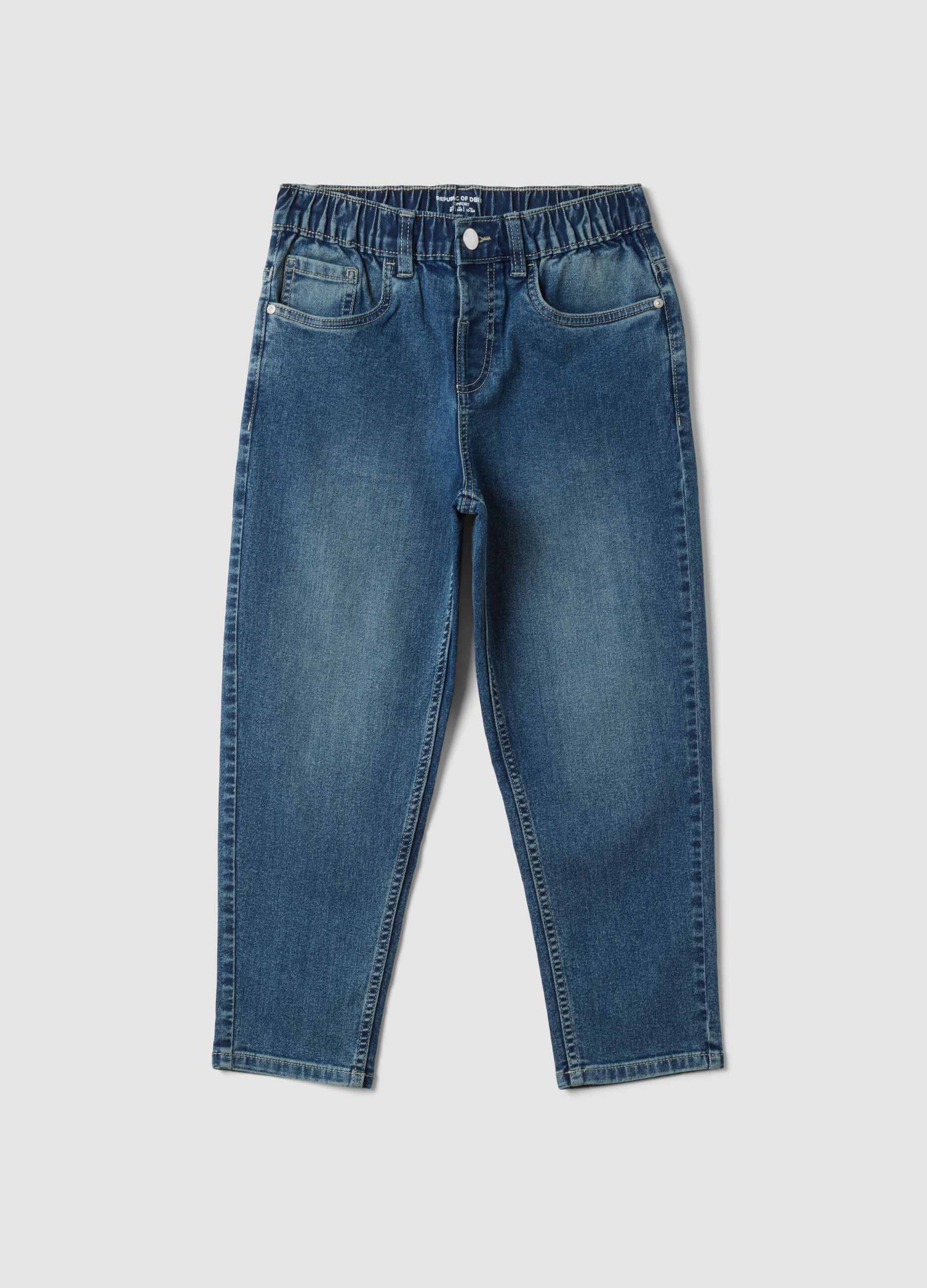 Blue stretch cotton jeans with elasticated waistband, comfort fit