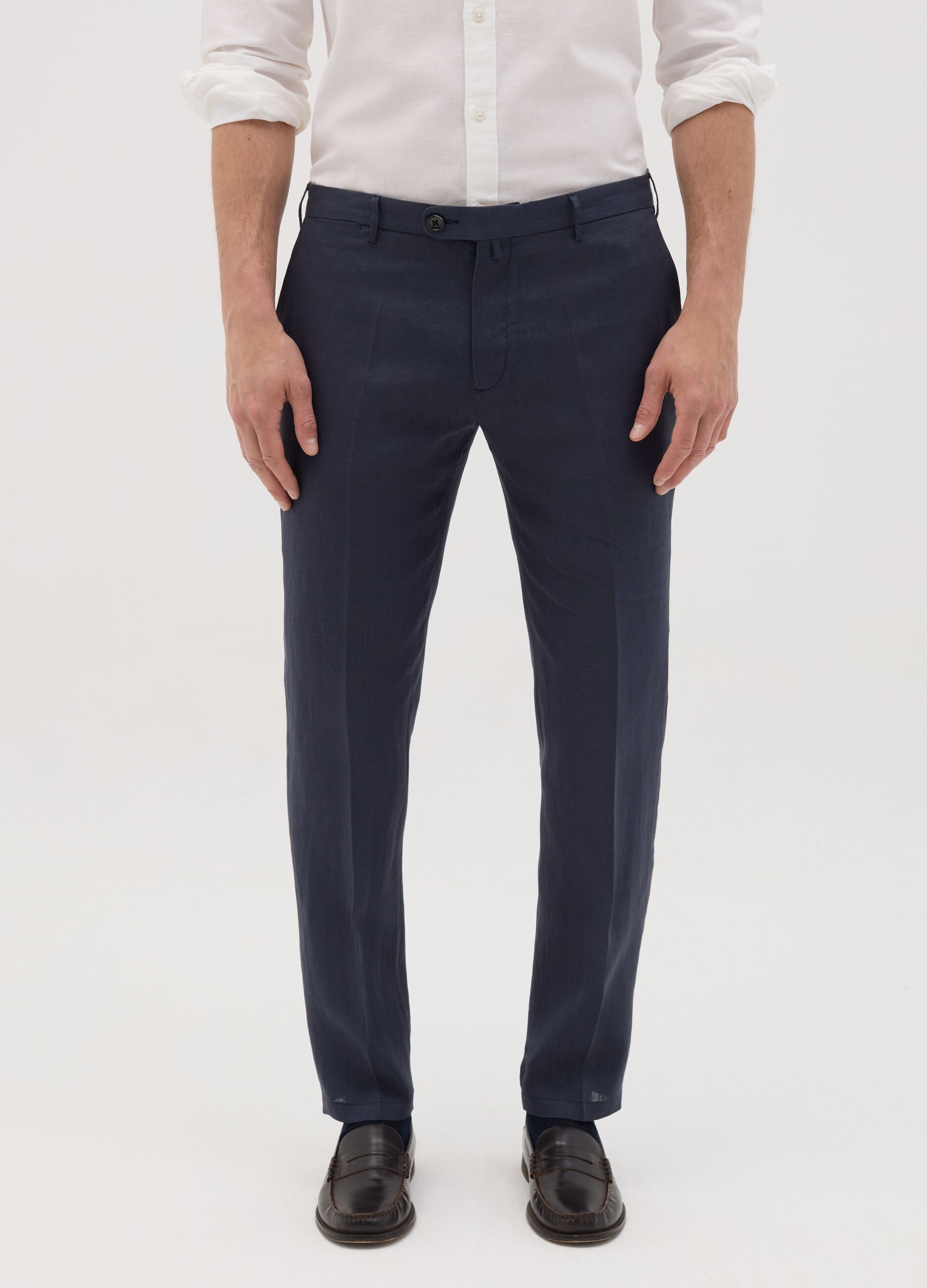 Men’s blue slim-fit trousers in 100% linen