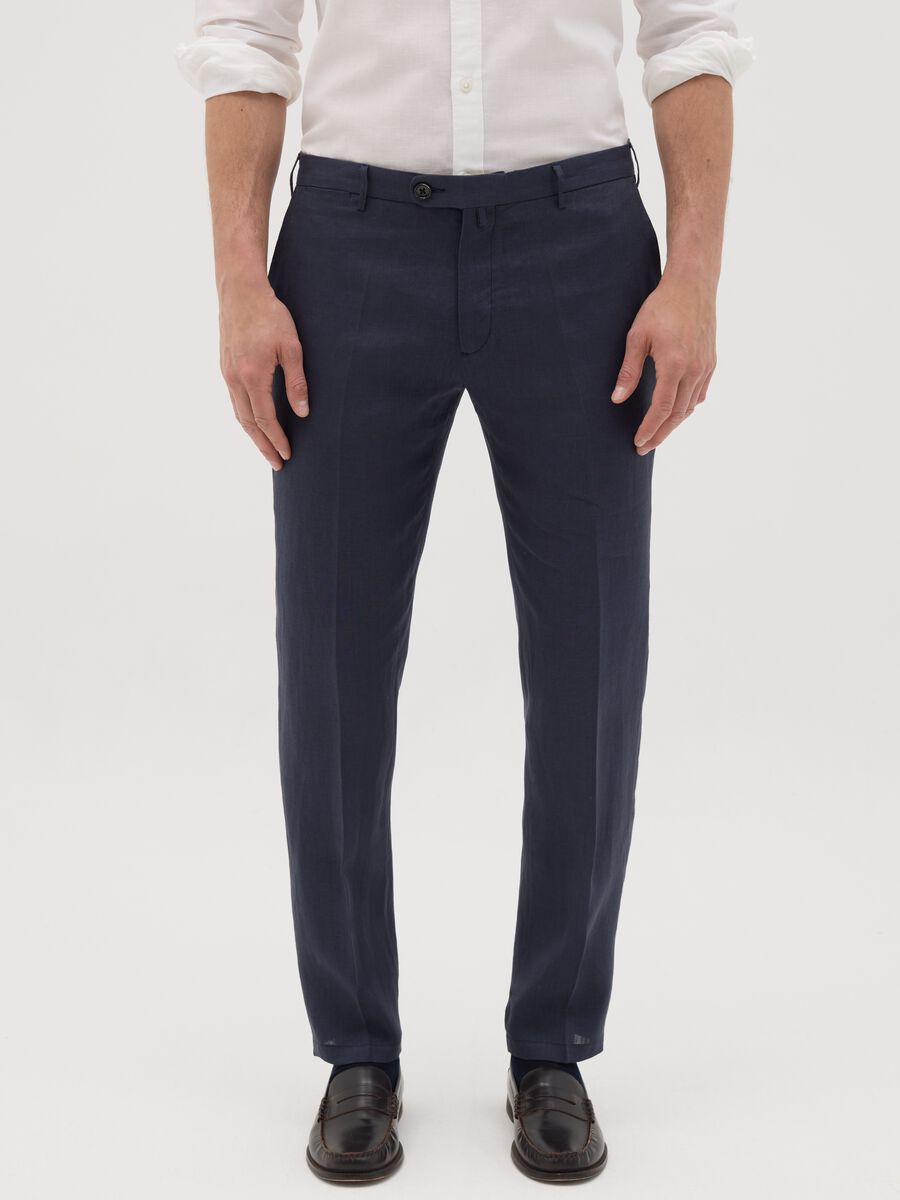 Men’s blue slim-fit trousers in 100% linen_1