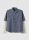 Blue cropped pure cotton checked shirt with layered double sleeves, oversized fit_0