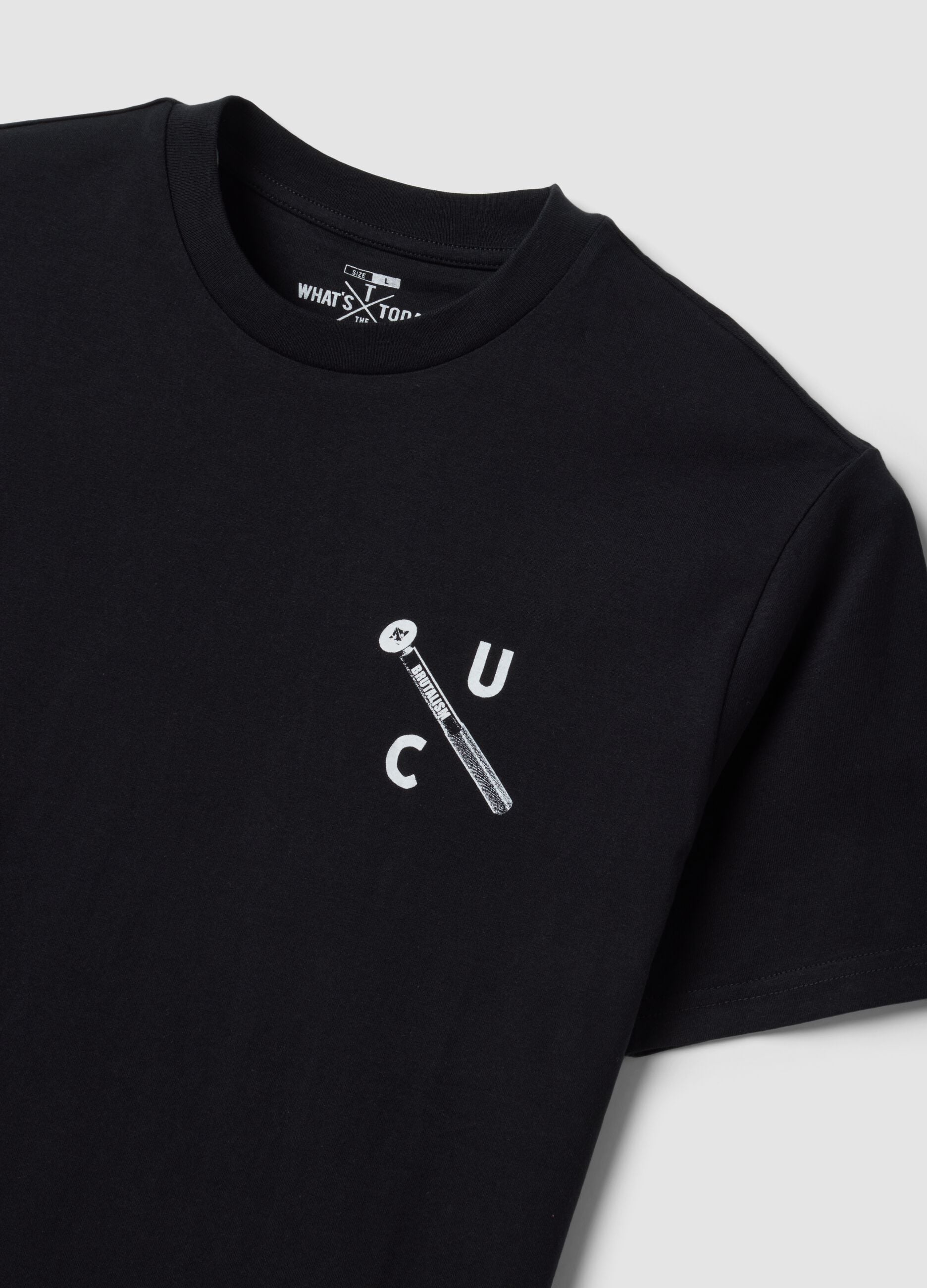 T-shirt nera in puro cotone a girocollo stampata