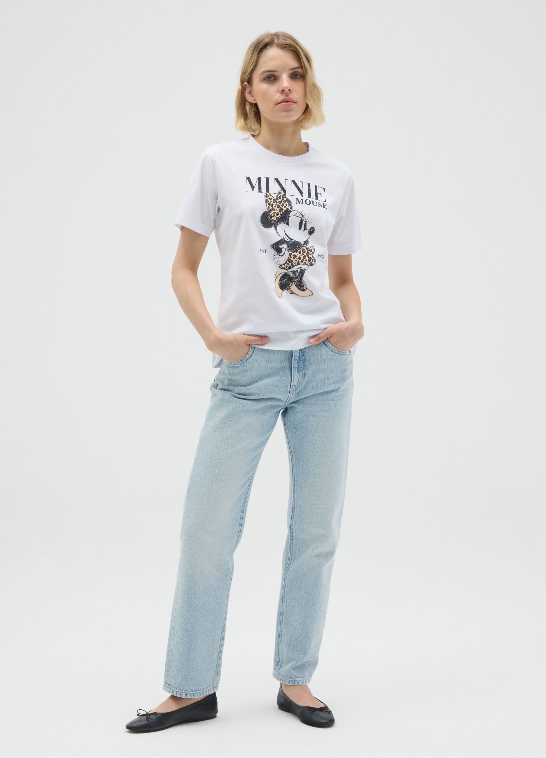 White pure cotton regular fit T-shirt with Minnie print