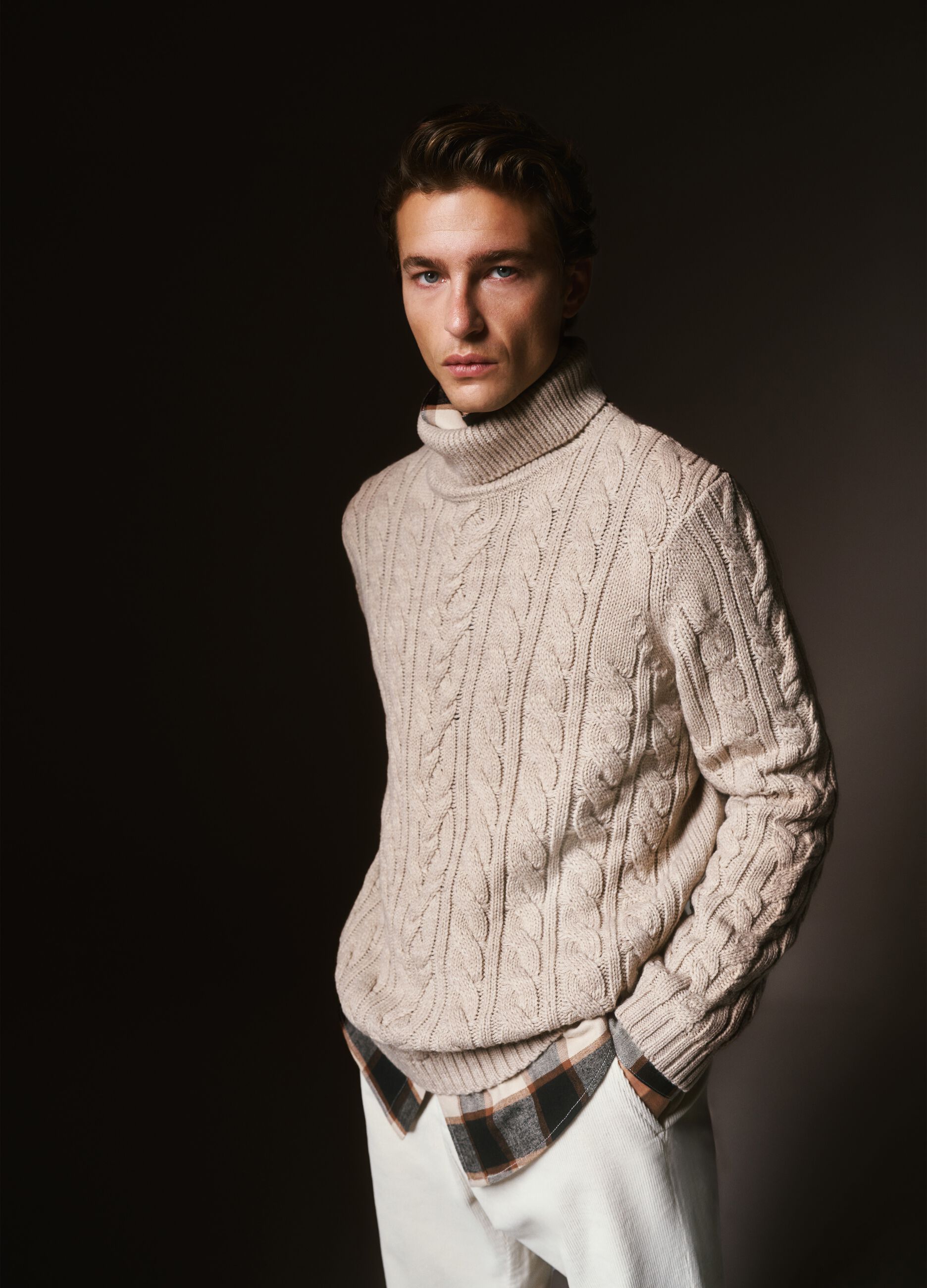 Beige Regular Fit Turtleneck Sweater with Cable Design