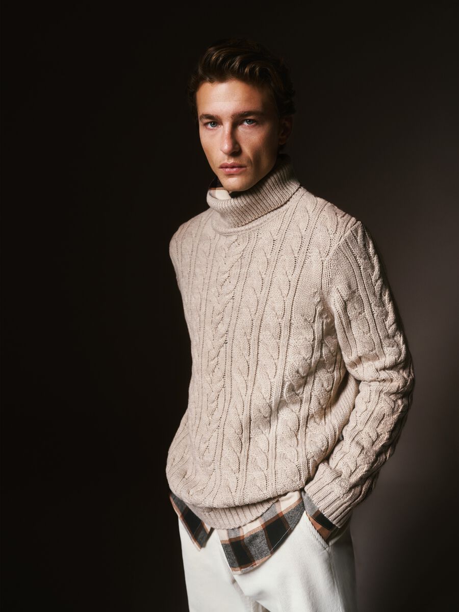 Beige Regular Fit Turtleneck Sweater with Cable Design_0