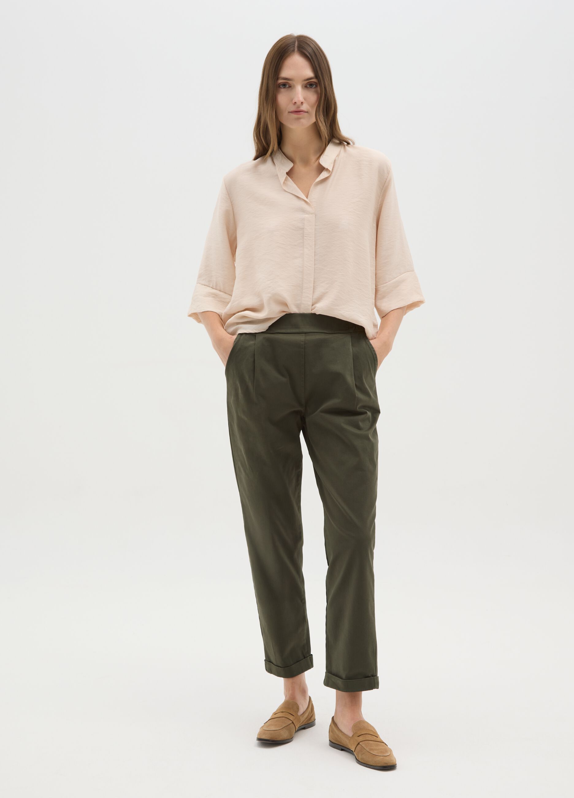 Green stretch cotton trousers regular fit