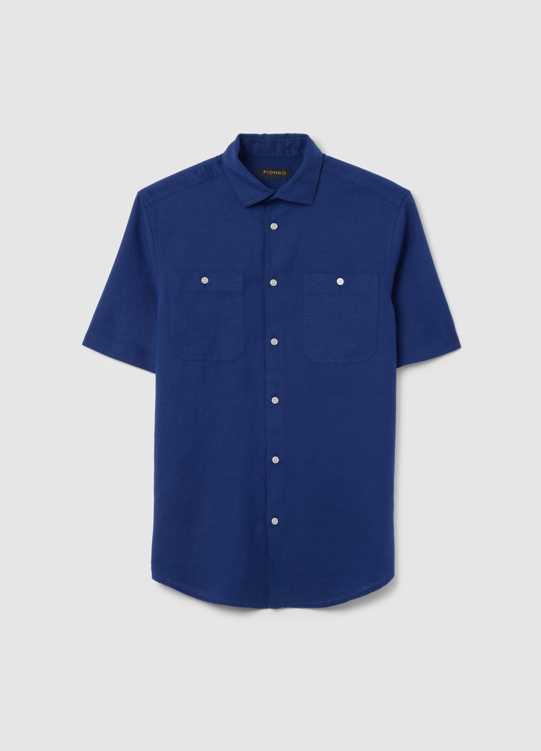 Camicia da uomo in lino e cotone blu regular fit con tasche