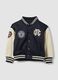 Blue varsity jacket with beige sleeves and print for boys_0