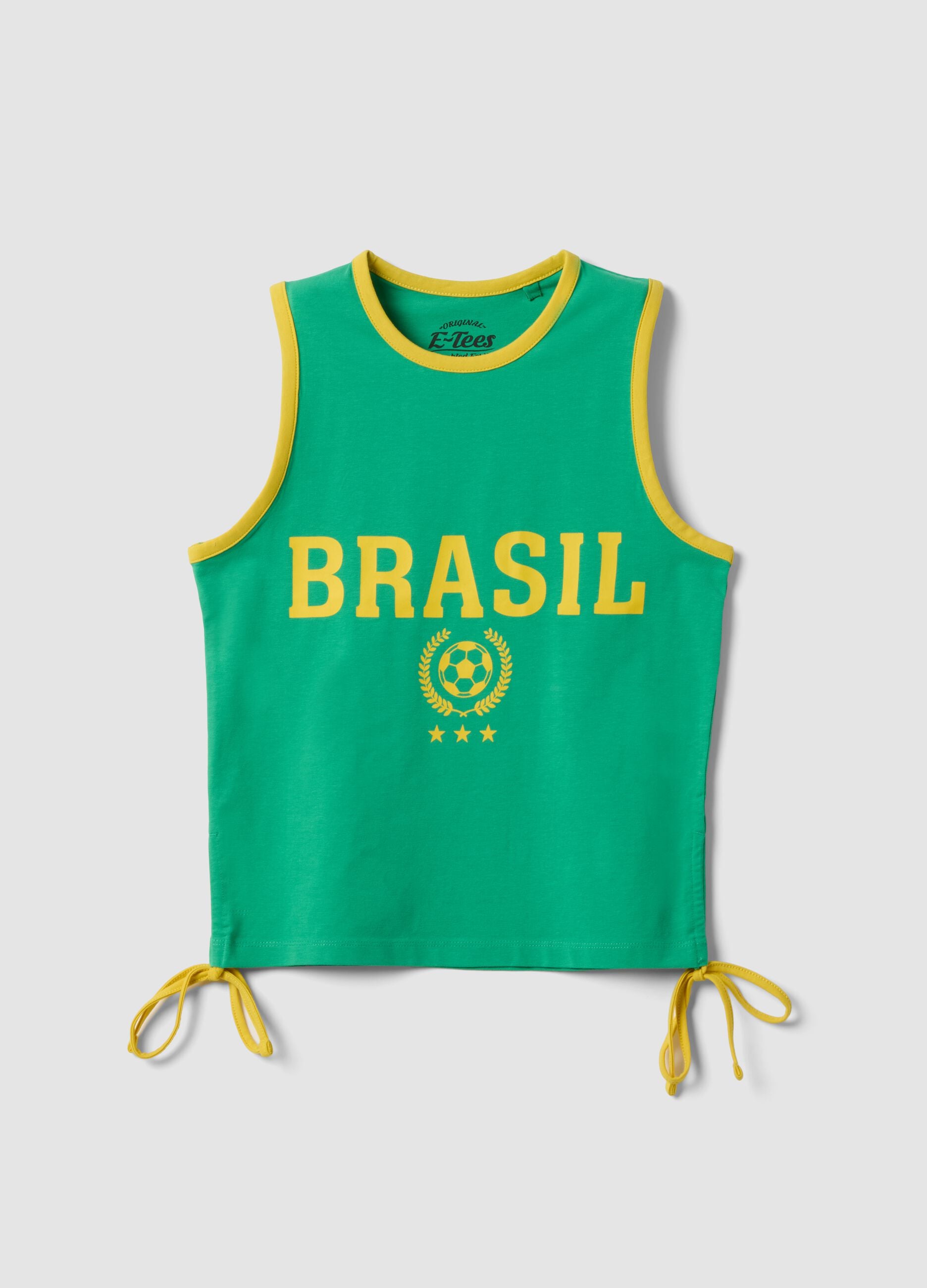 Green stretch cotton tank top with 'Brasil' slogan, regular fit
