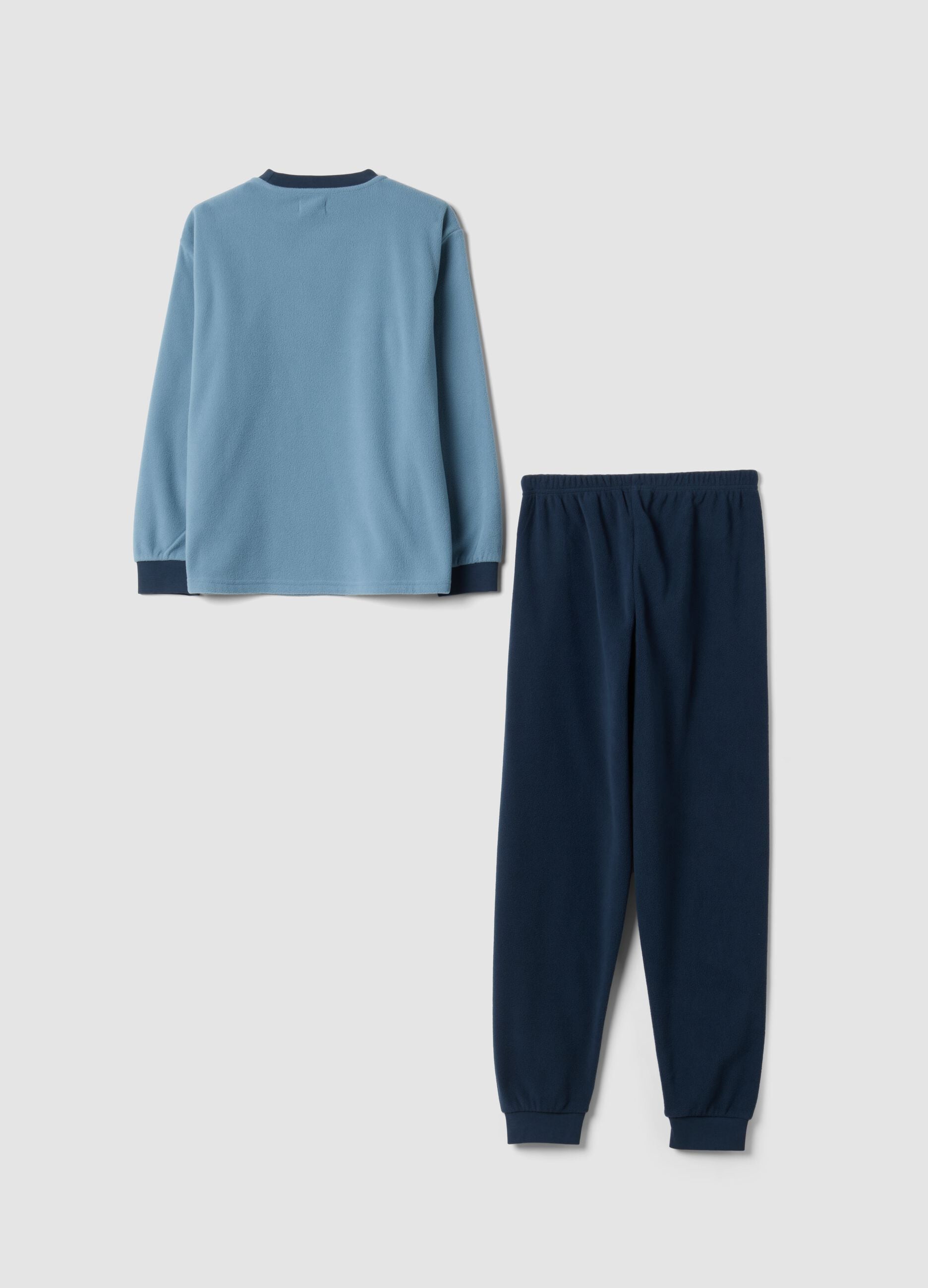 Blue crew-neck fleece pyjamas with long trousers, regular fit