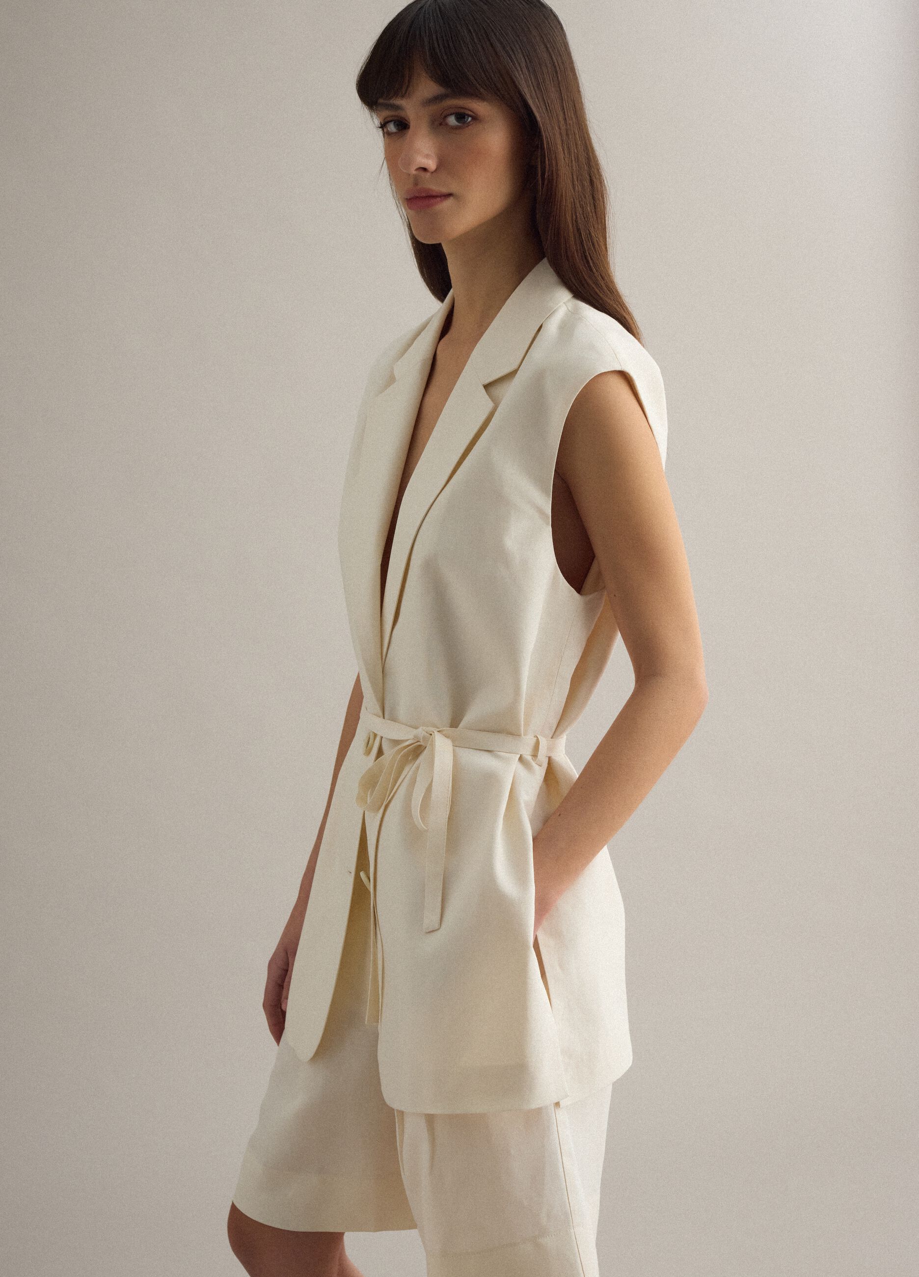 White regular-fit lyocell-linen blend waistcoat with belt