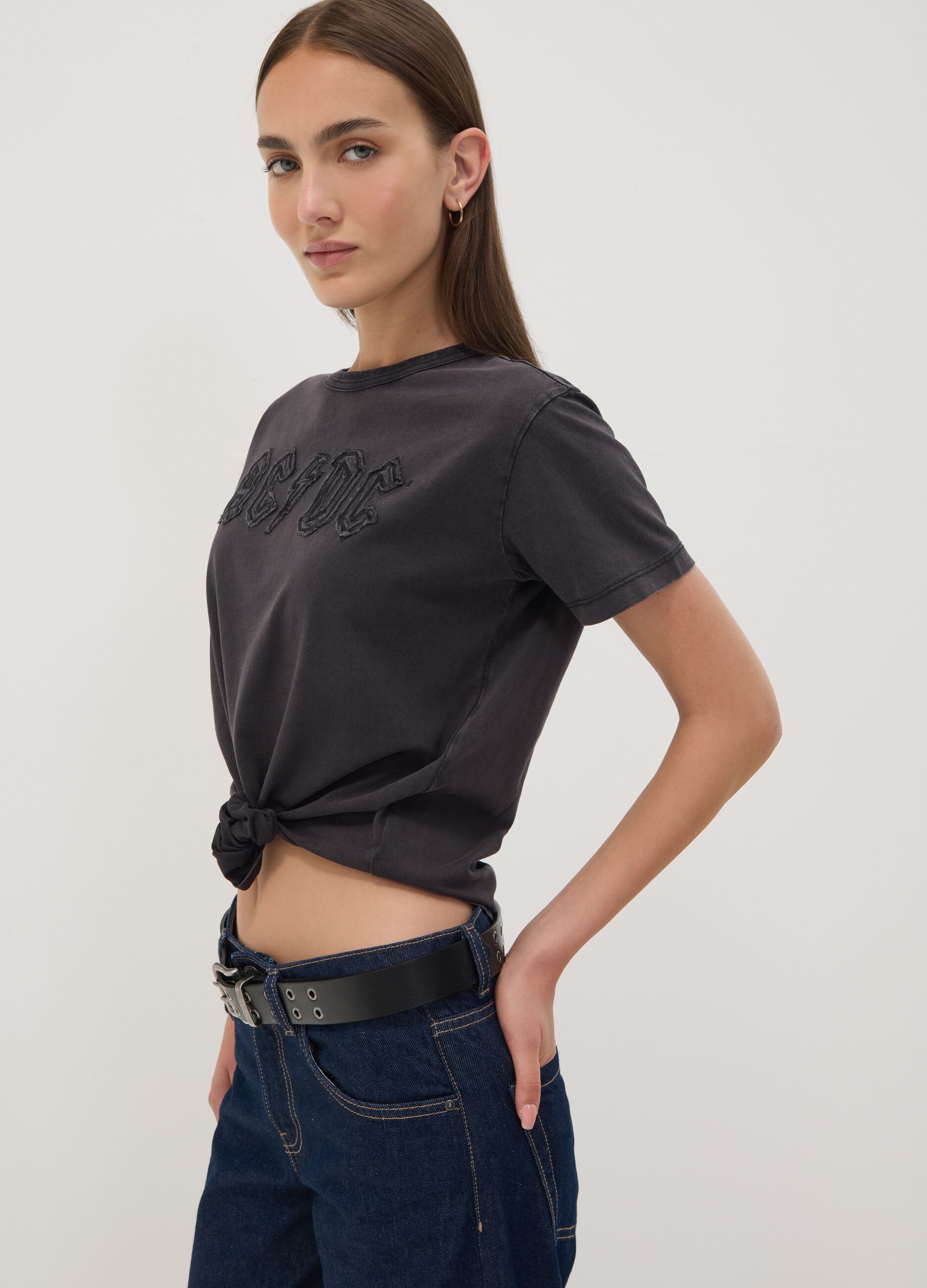 Grey pure cotton regular-fit T-shirt with AC/DC print