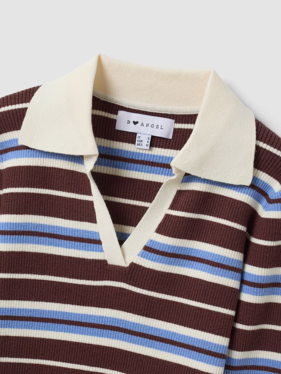 Multicolour striped viscose-blend fitted polo-collar knit top_1